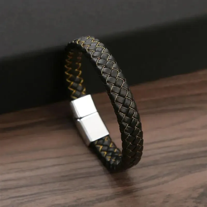 Men's Genuine Leather Bracelet with Magnetic Gold Clasp