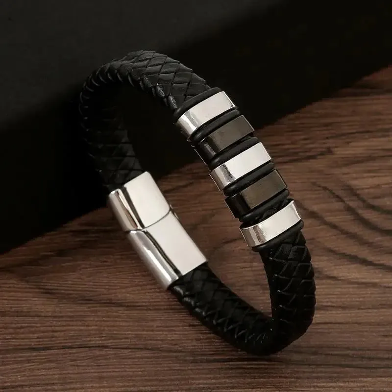 Men's Genuine Leather Bracelet with Magnetic Gold Clasp