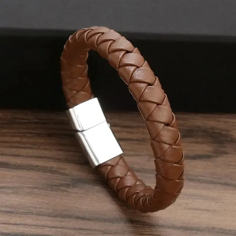 Men's Genuine Leather Bracelet with Magnetic Gold Clasp