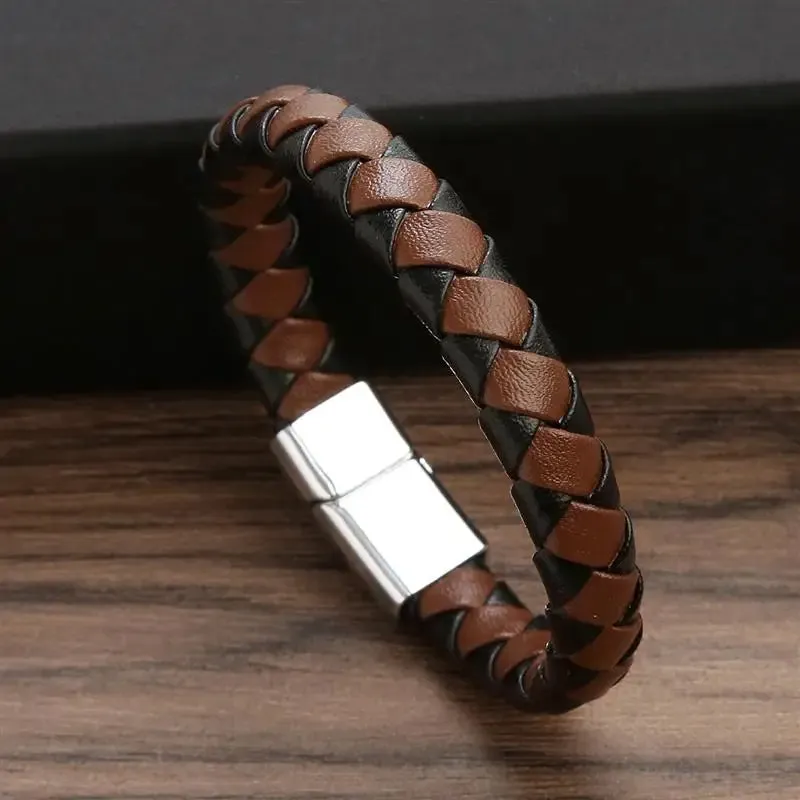 Men's Genuine Leather Bracelet with Magnetic Gold Clasp