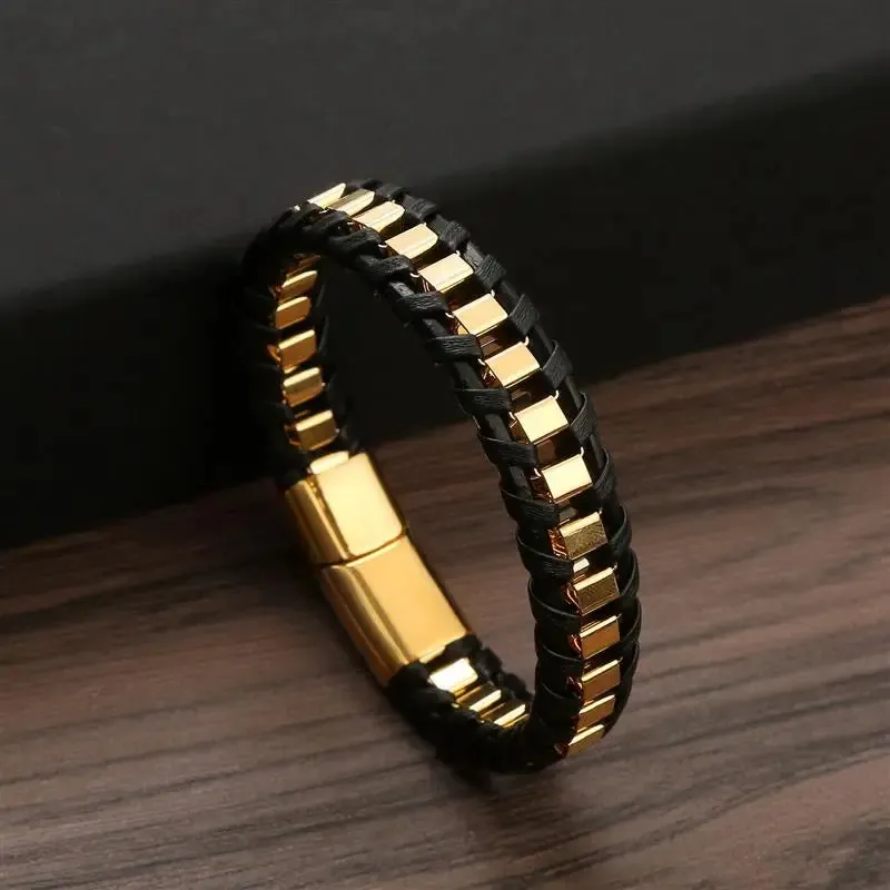 Men's Genuine Leather Bracelet with Magnetic Gold Clasp