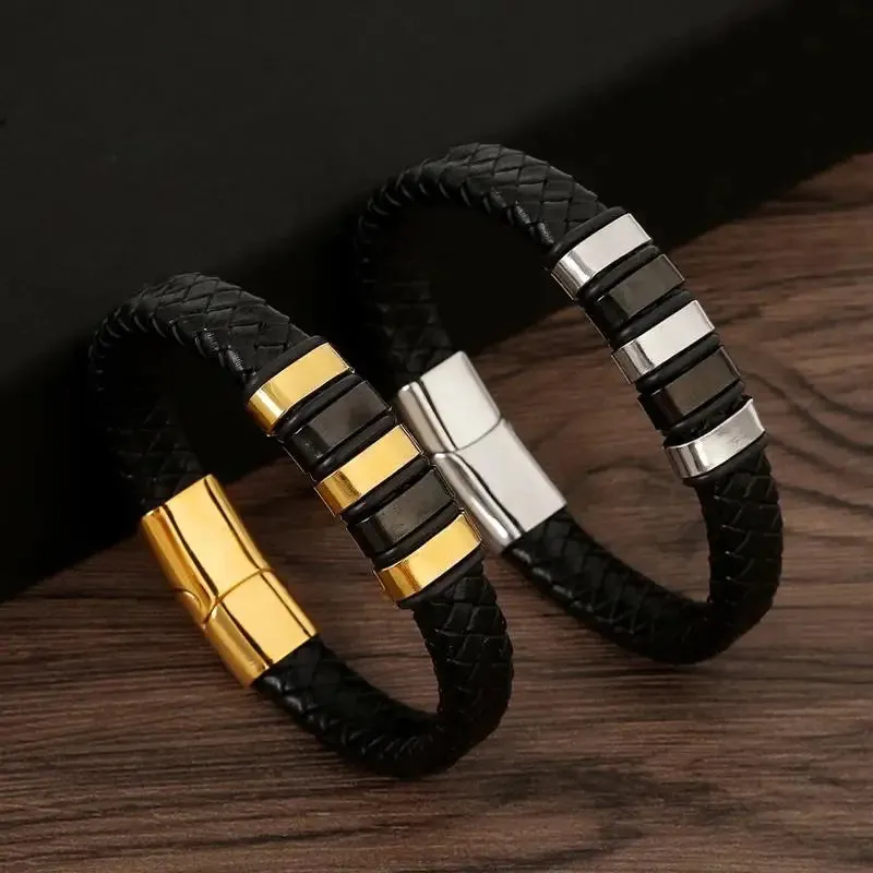 Men's Genuine Leather Bracelet with Magnetic Gold Clasp