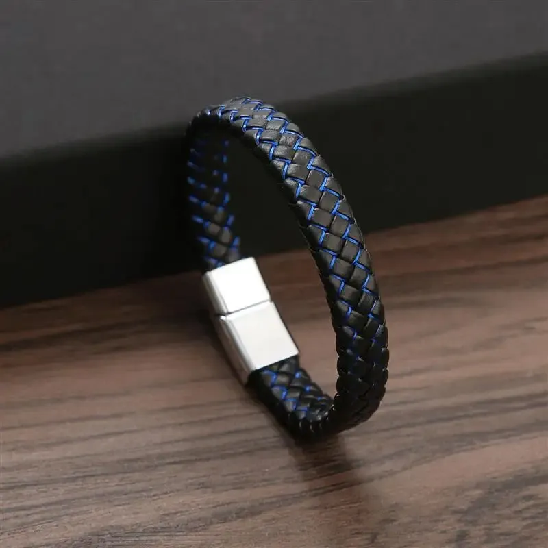 Men's Genuine Leather Bracelet with Magnetic Gold Clasp