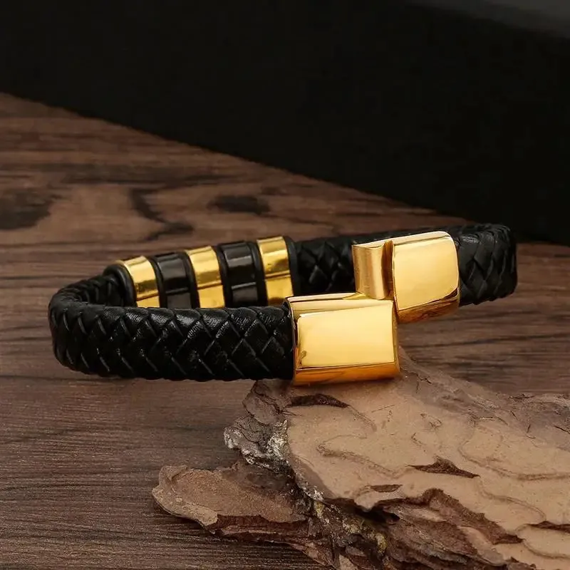 Men's Genuine Leather Bracelet with Magnetic Gold Clasp