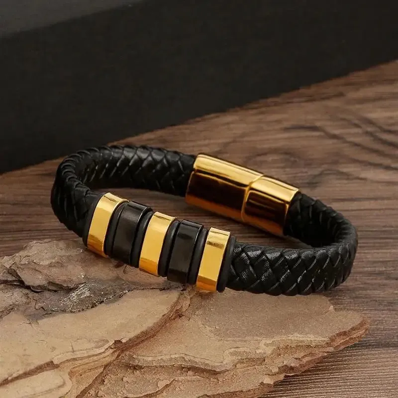 Men's Genuine Leather Bracelet with Magnetic Gold Clasp