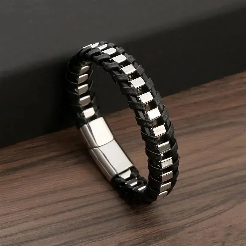 Men's Genuine Leather Bracelet with Magnetic Gold Clasp