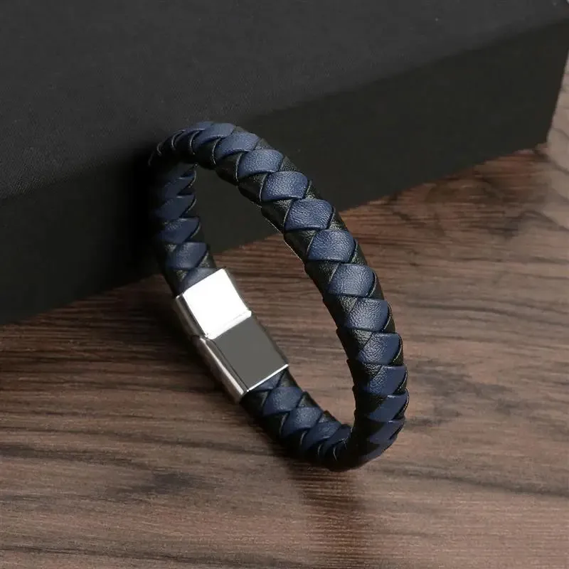 Men's Genuine Leather Bracelet with Magnetic Gold Clasp