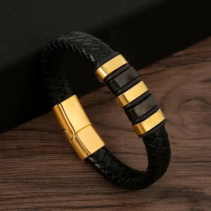 Men's Genuine Leather Bracelet with Magnetic Gold Clasp