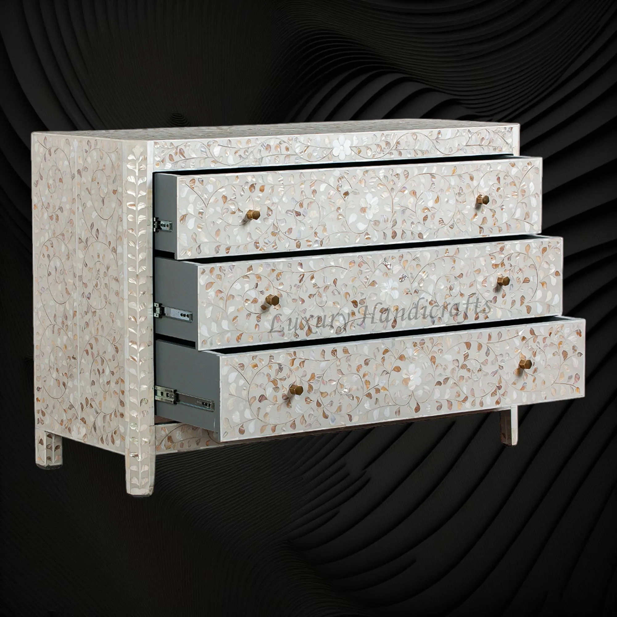 MOP Inlay Edge Floral 3 Drawer Dresser Grey