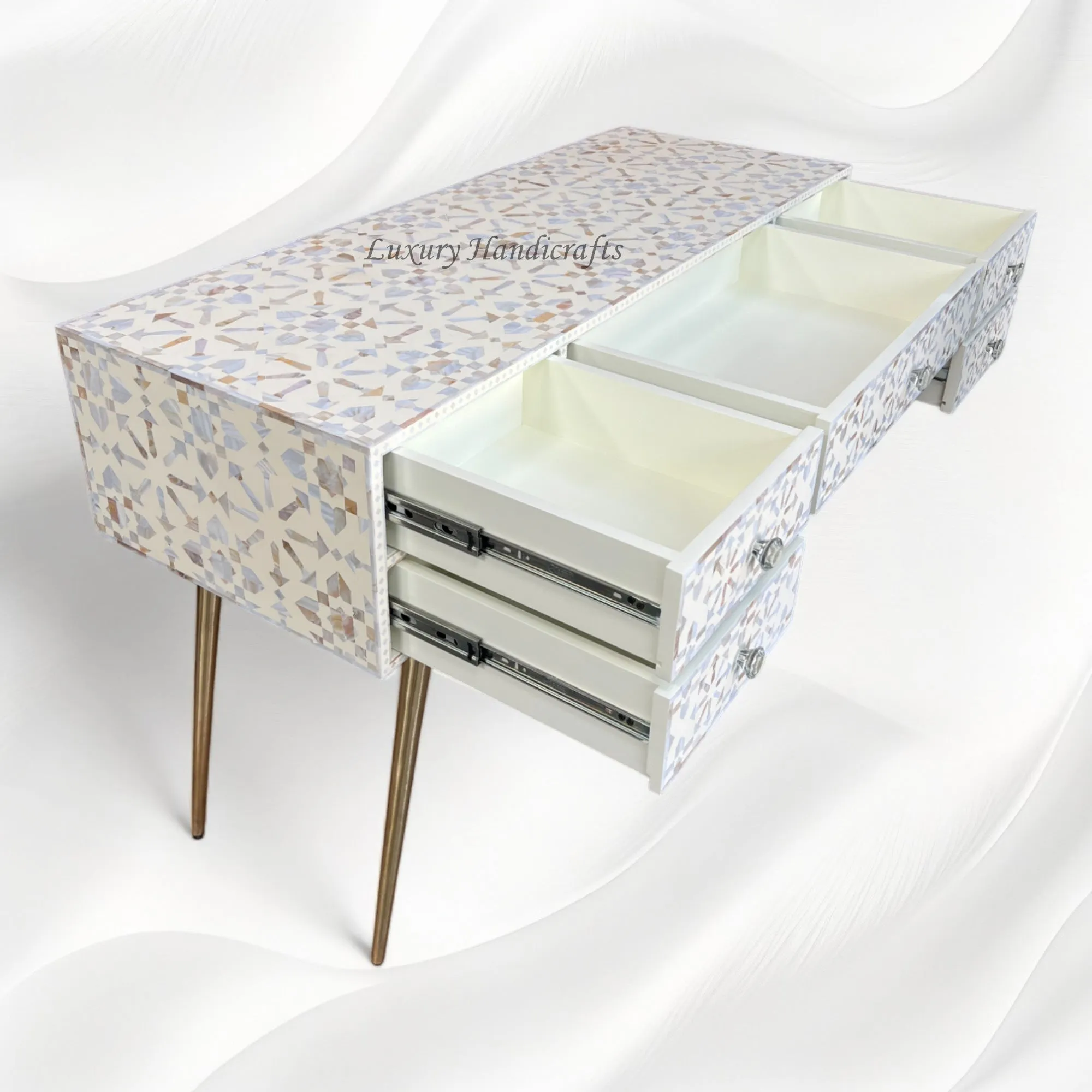 Moroccan MOP Inlay 5 Drawer Desk Cream | Mother Of Pearl Entryway Table