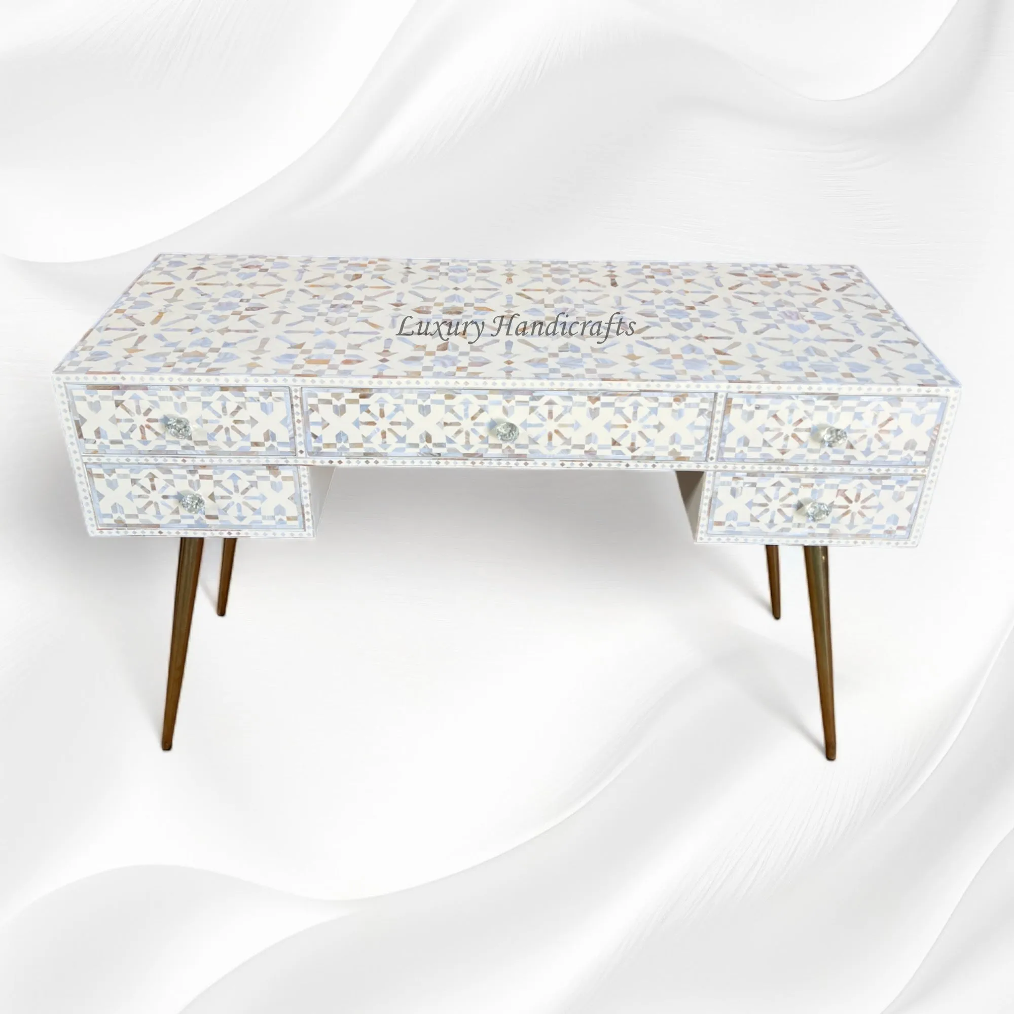 Moroccan MOP Inlay 5 Drawer Desk Cream | Mother Of Pearl Entryway Table