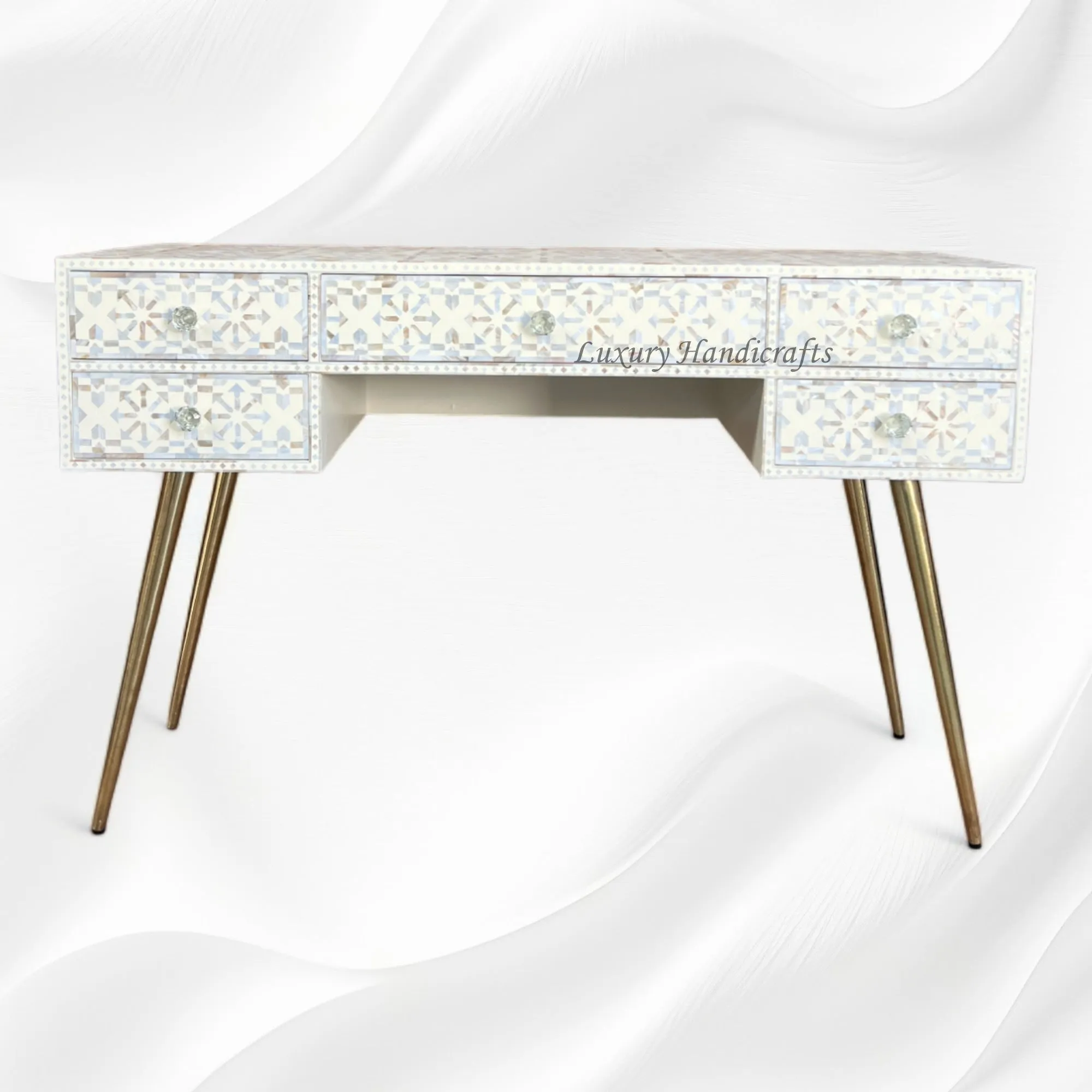 Moroccan MOP Inlay 5 Drawer Desk Cream | Mother Of Pearl Entryway Table