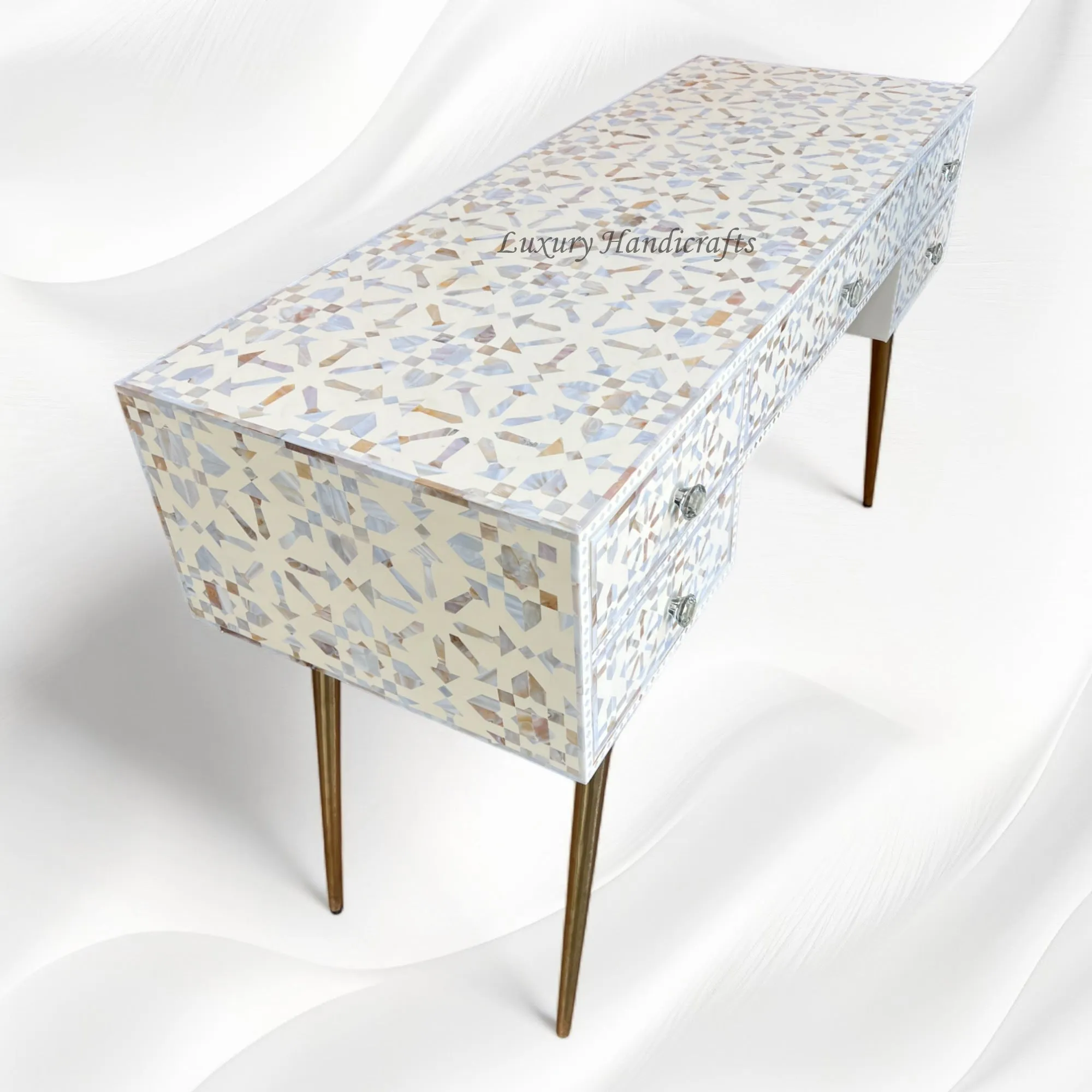 Moroccan MOP Inlay 5 Drawer Desk Cream | Mother Of Pearl Entryway Table