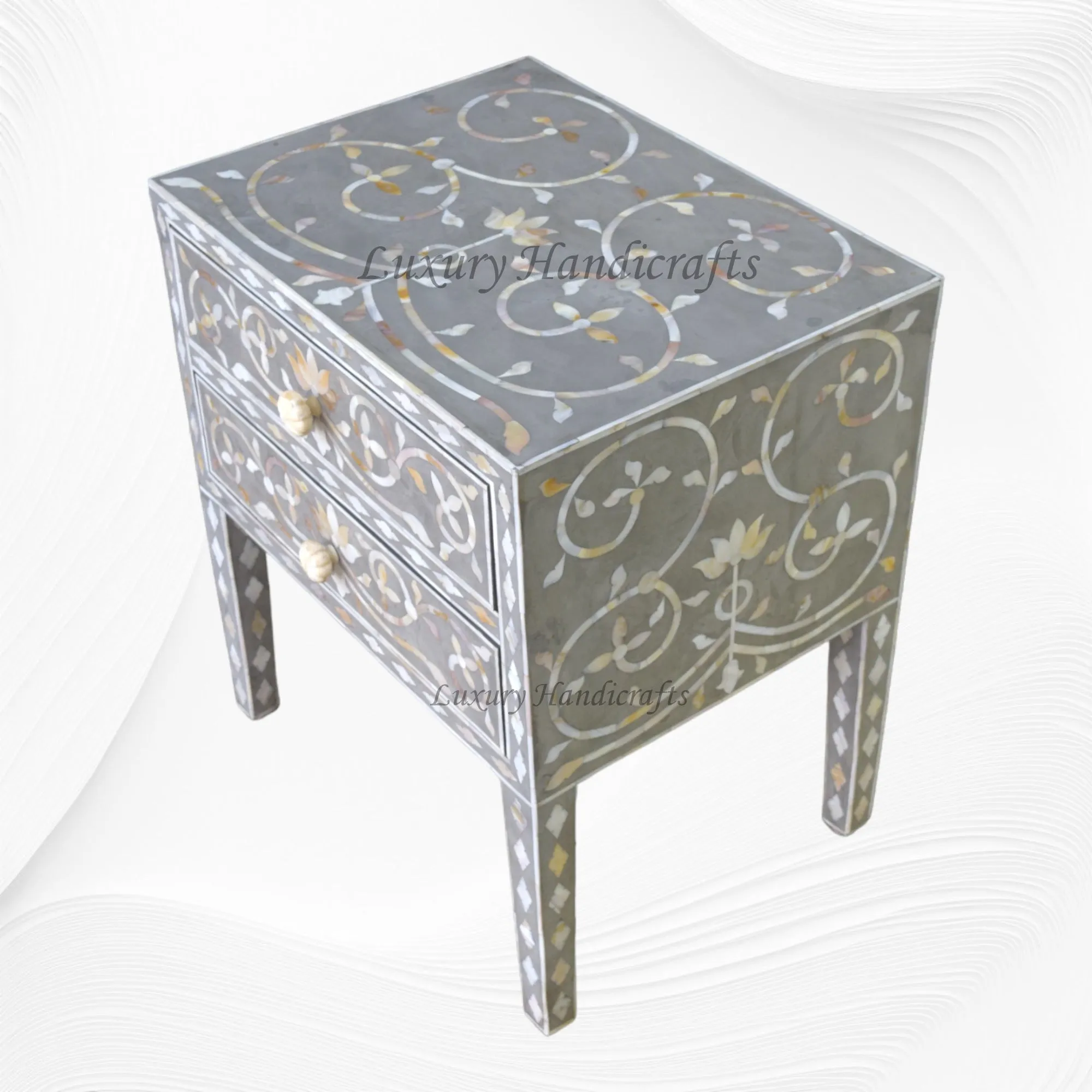 Mother Of Pearl Inlay Bedside 2 Drawer Lotus Design Grey