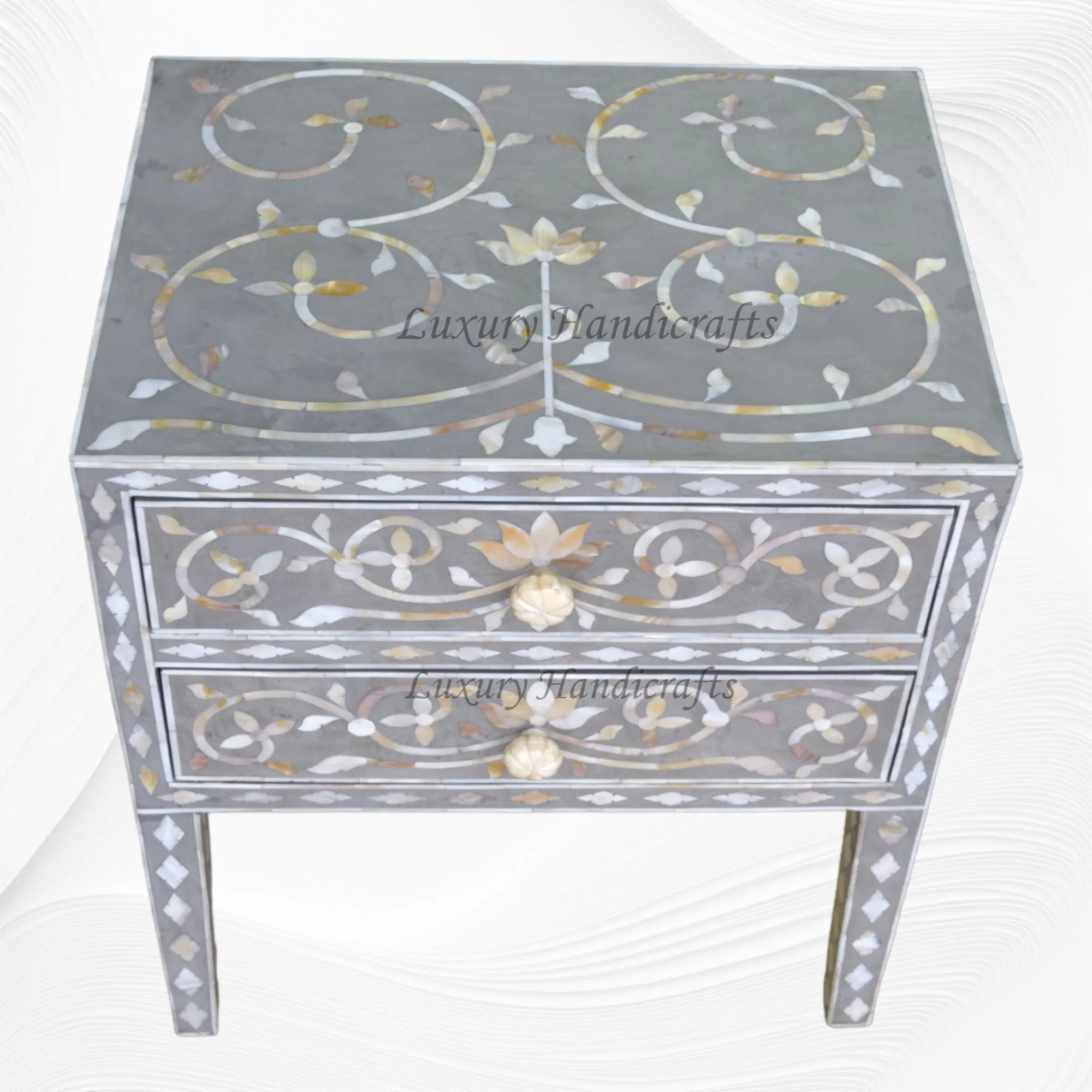 Mother Of Pearl Inlay Bedside 2 Drawer Lotus Design Grey