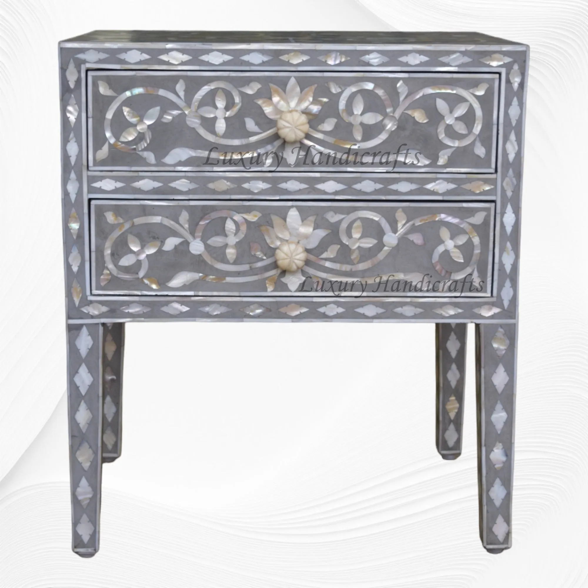 Mother Of Pearl Inlay Bedside 2 Drawer Lotus Design Grey