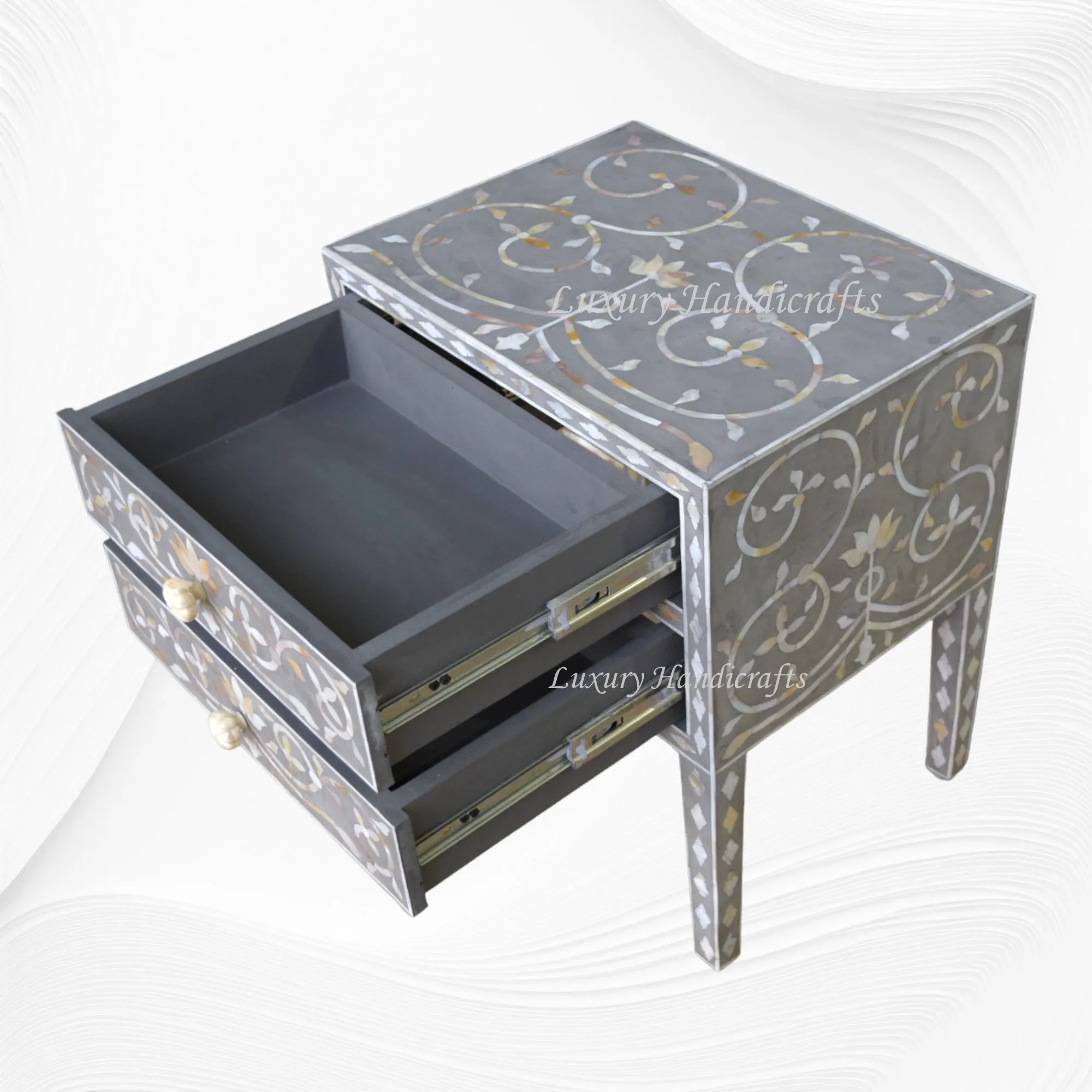 Mother Of Pearl Inlay Bedside 2 Drawer Lotus Design Grey