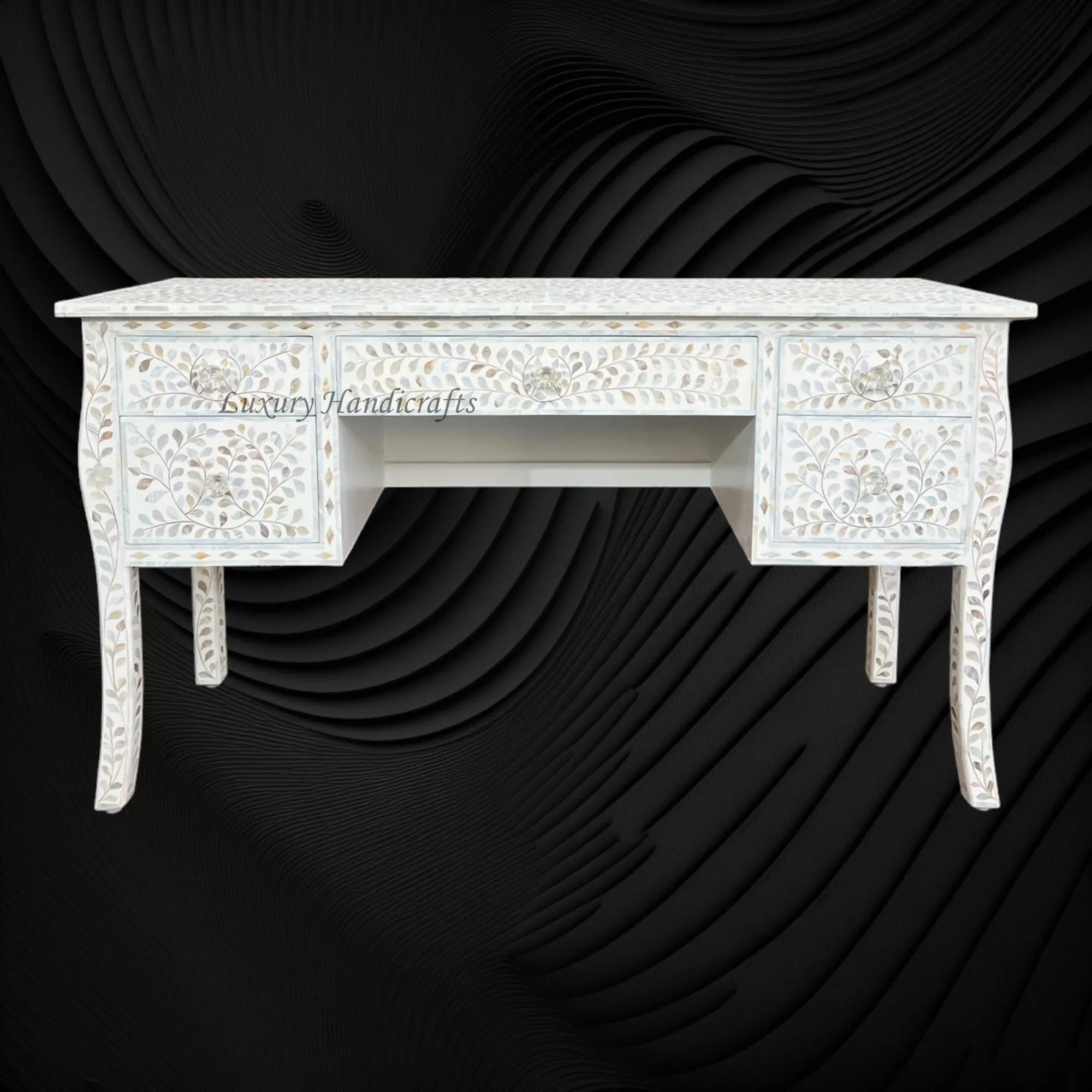 Mother of Pearl Inlay Curved 5 Drawer Floral Desk White