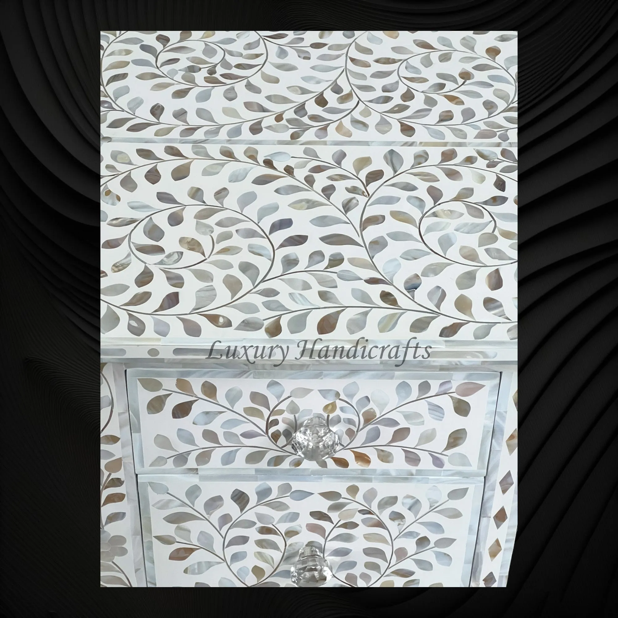 Mother of Pearl Inlay Curved 5 Drawer Floral Desk White