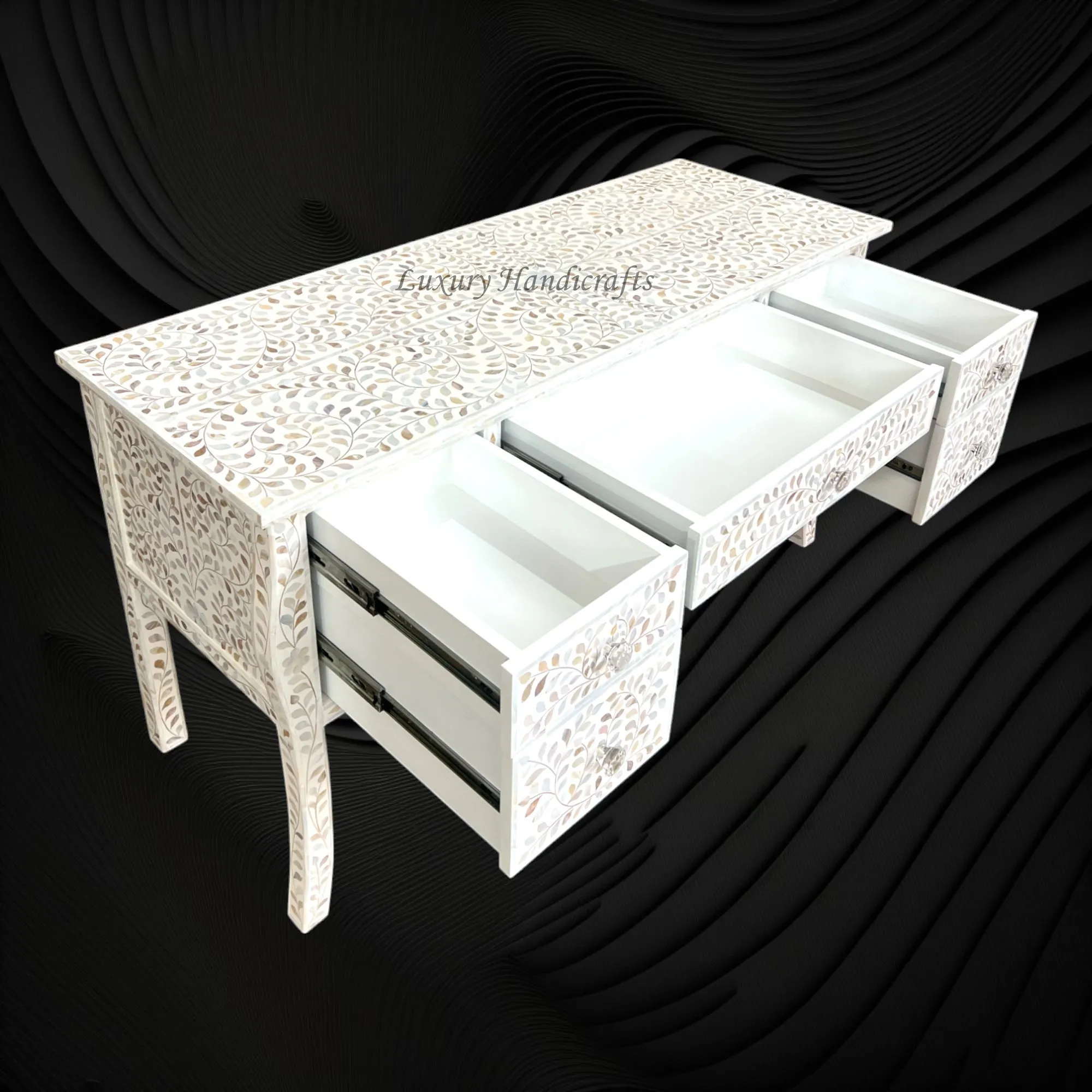 Mother of Pearl Inlay Curved 5 Drawer Floral Desk White