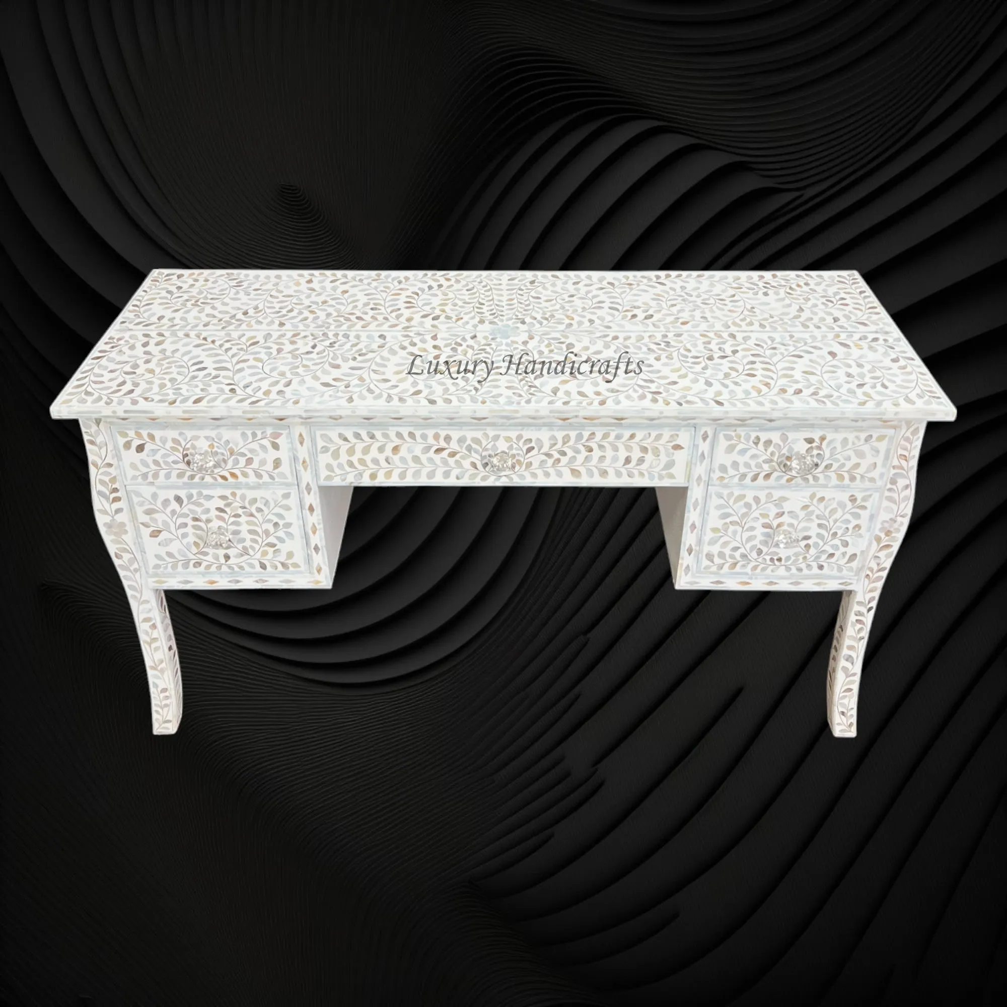 Mother of Pearl Inlay Curved 5 Drawer Floral Desk White