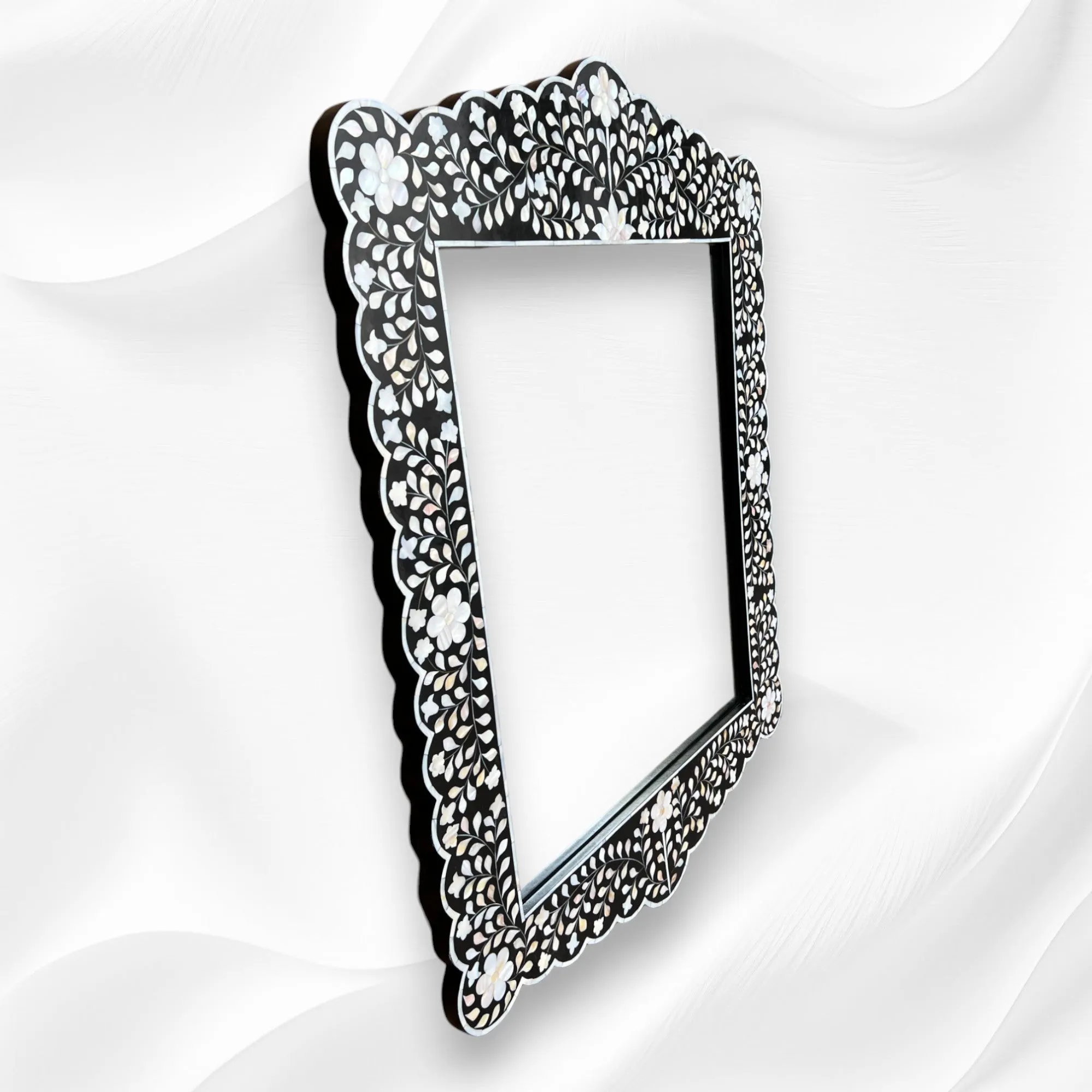 Mother Of Pearl Inlay Scalloped Mirror Black