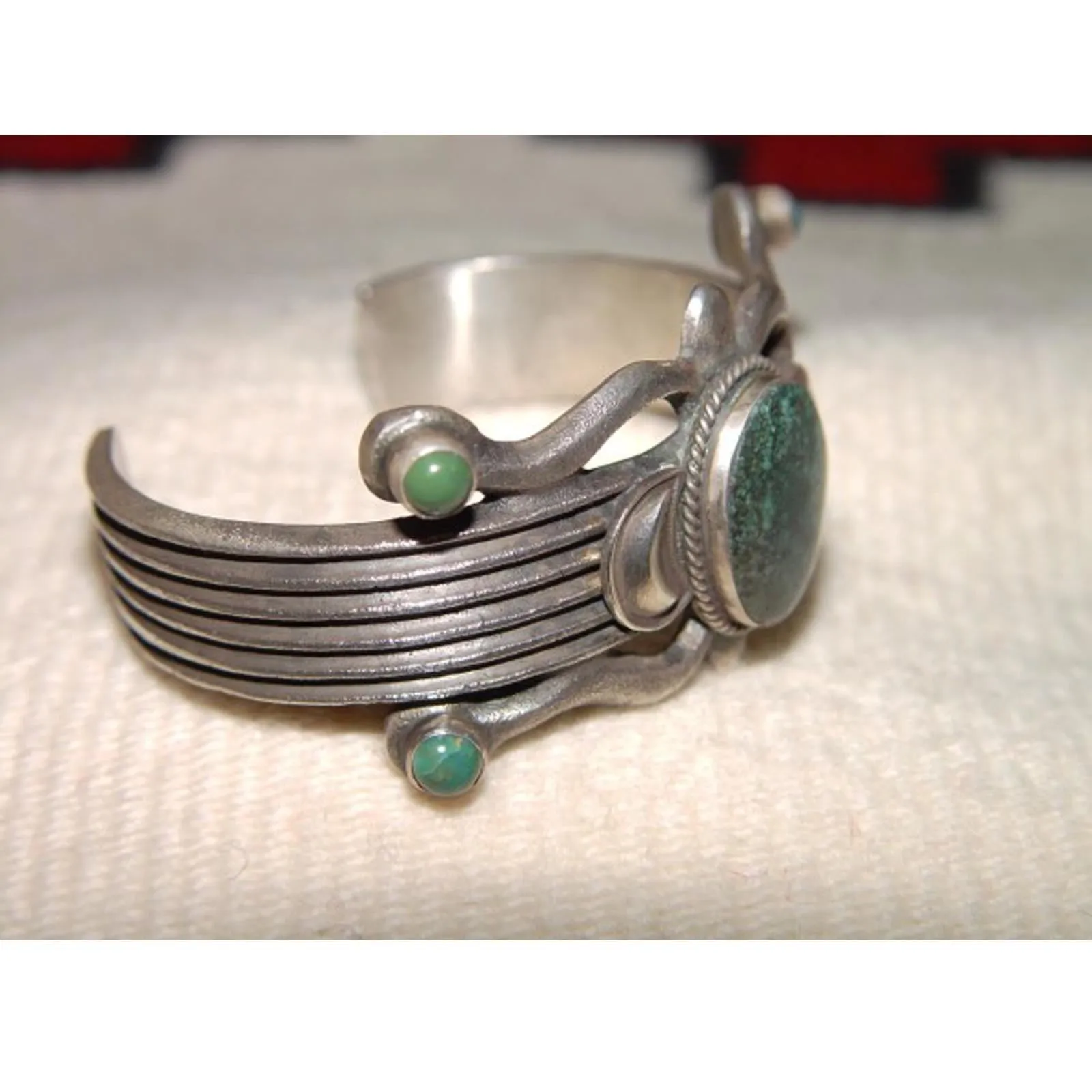 Native American Jewelry : Navajo : Green Turquoise and Silver Bracelet : Martha Cayatineto : NAJ-17