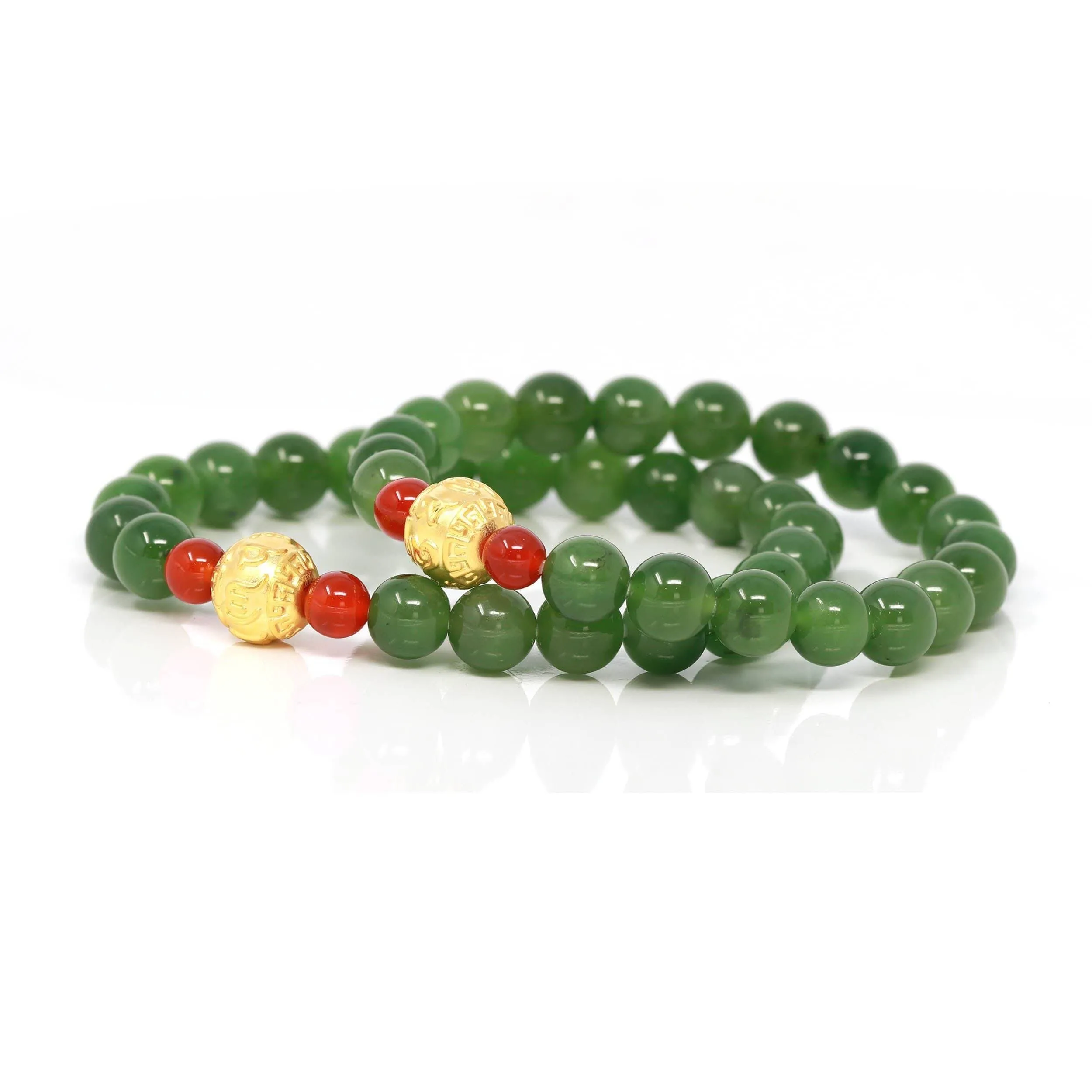 Natural Green Nephrite Jade Round Beads Bracelet 24K Pure Yellow Gold Buddha Symbol Charm( 8 mm )