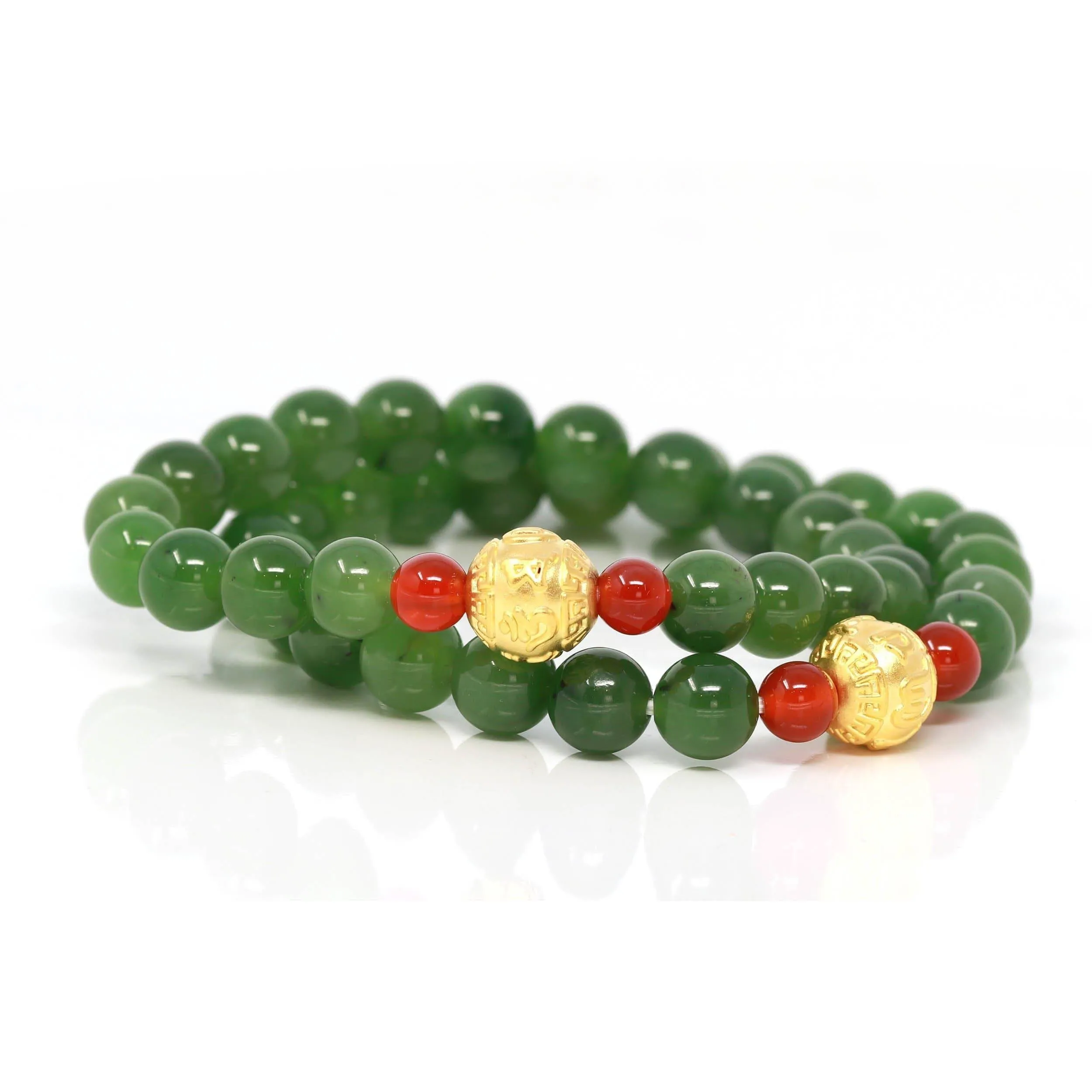 Natural Green Nephrite Jade Round Beads Bracelet 24K Pure Yellow Gold Buddha Symbol Charm( 8 mm )