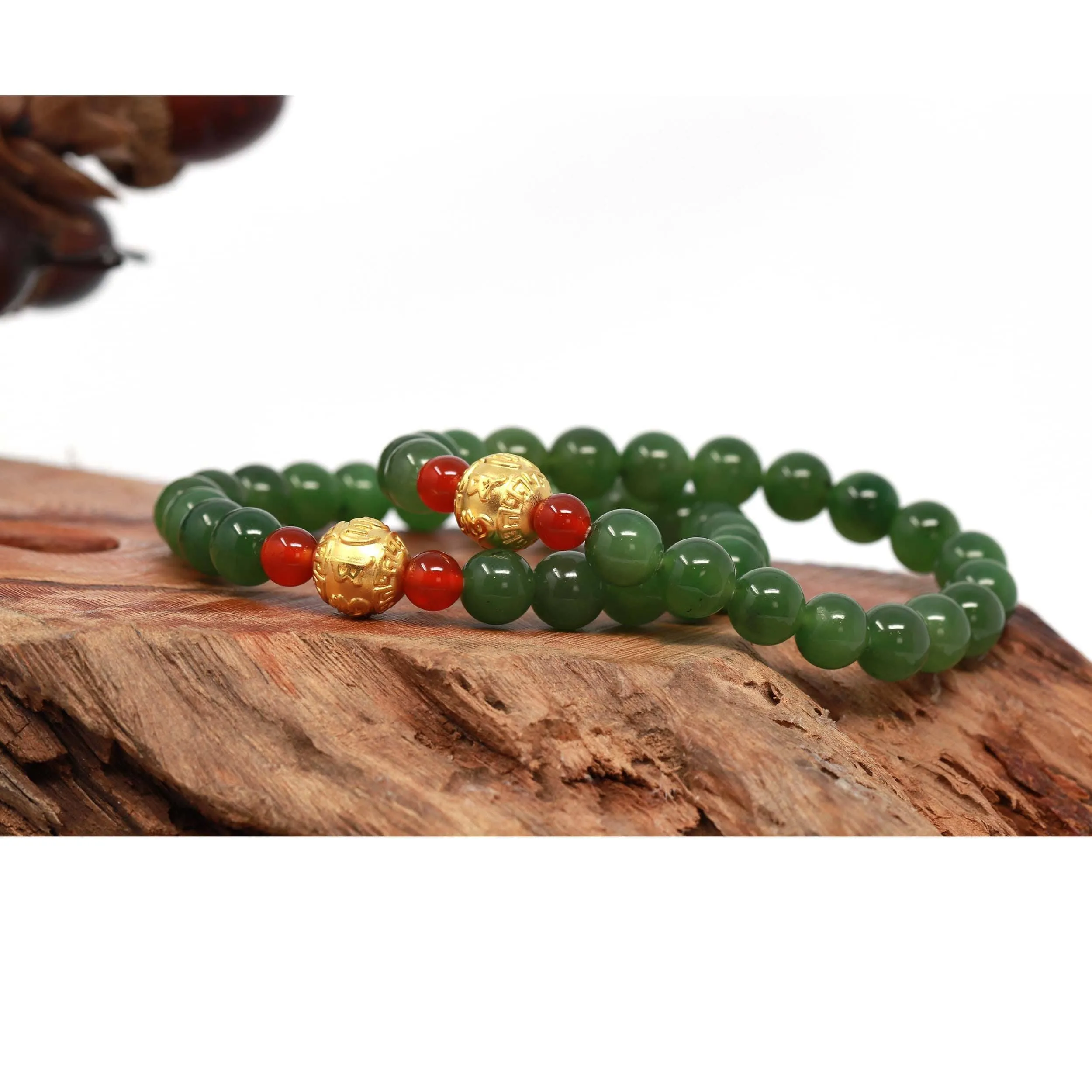 Natural Green Nephrite Jade Round Beads Bracelet 24K Pure Yellow Gold Buddha Symbol Charm( 8 mm )