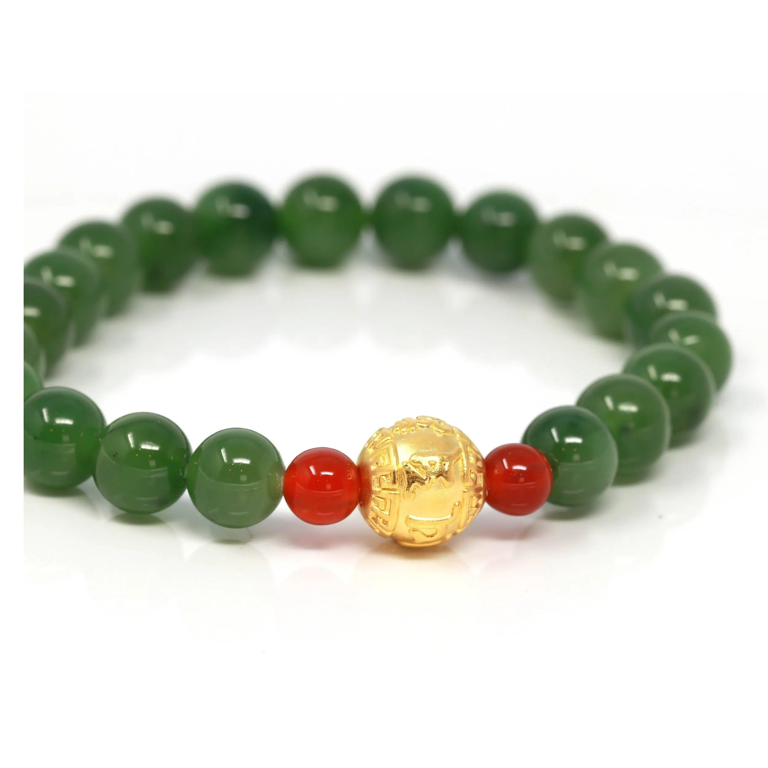 Natural Green Nephrite Jade Round Beads Bracelet 24K Pure Yellow Gold Buddha Symbol Charm( 8 mm )