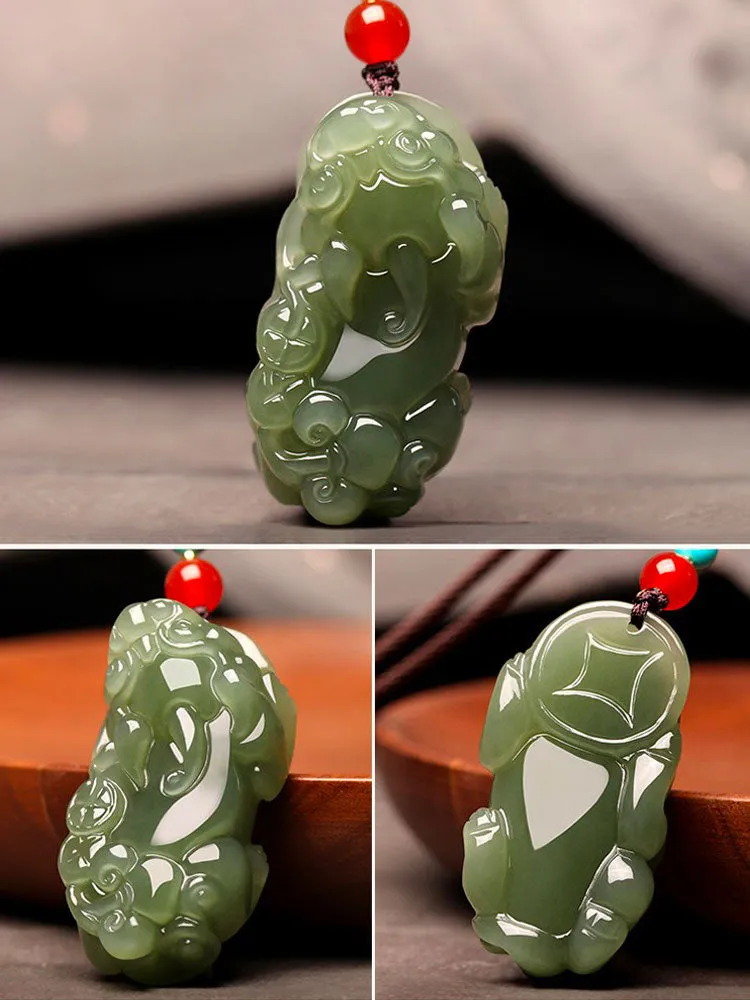 Natural Xinjiang Hetian Jade Green Jade Pixiu「Fortune and Prosperity」Pendant Jade Pendant Necklace Jewelry Gift