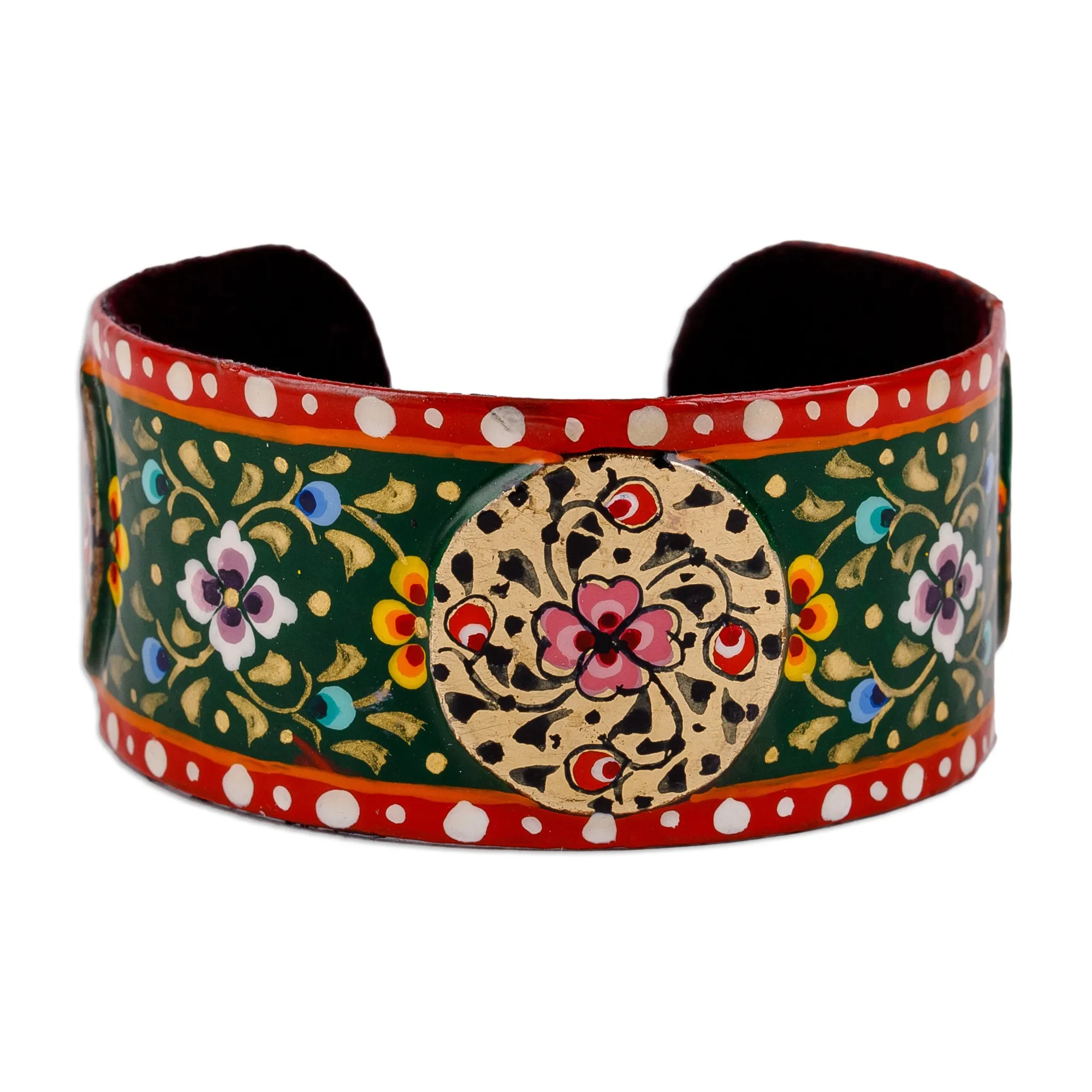 Painted Floral Red and Green Lacquered Tin Cuff Bracelet - Uzbekistan Deity | NOVICA