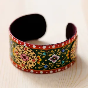 Painted Floral Red and Green Lacquered Tin Cuff Bracelet - Uzbekistan Deity | NOVICA