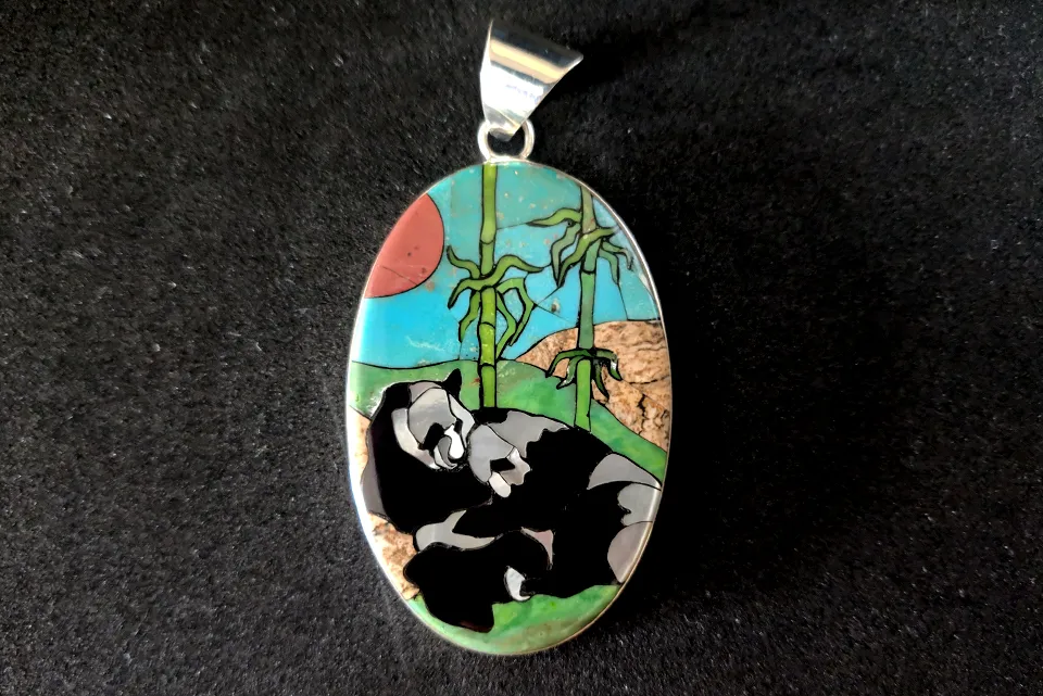 Panda Inlay Mosaic Pendant in Sterling Silver with Turquoise, Black Horn, Mother of Pearl Shell, Jasper, and Carnelian