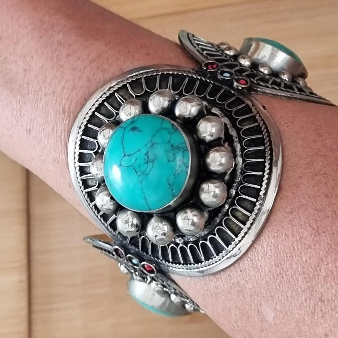 Patterned Tribal Boho Cuff Bracelet - Green Stone