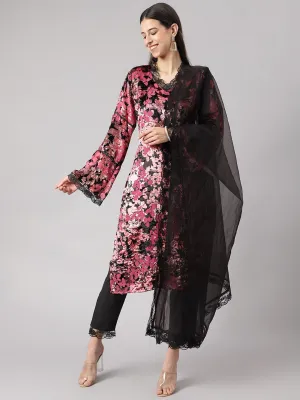 Pink Burn Out Velvet Kurta Harem Pant With Organza Dupatta