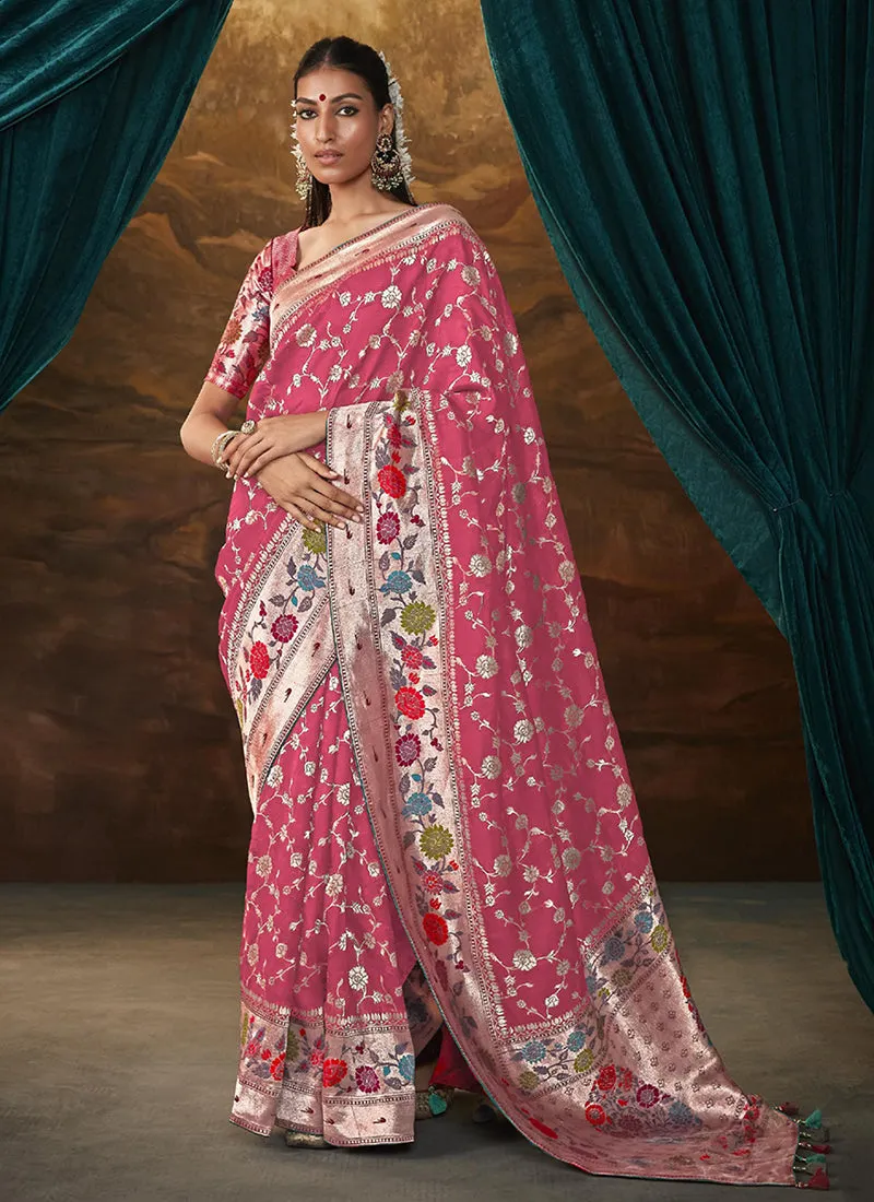 Pink Multi Floral Paithani Banarasi Dola Silk Saree