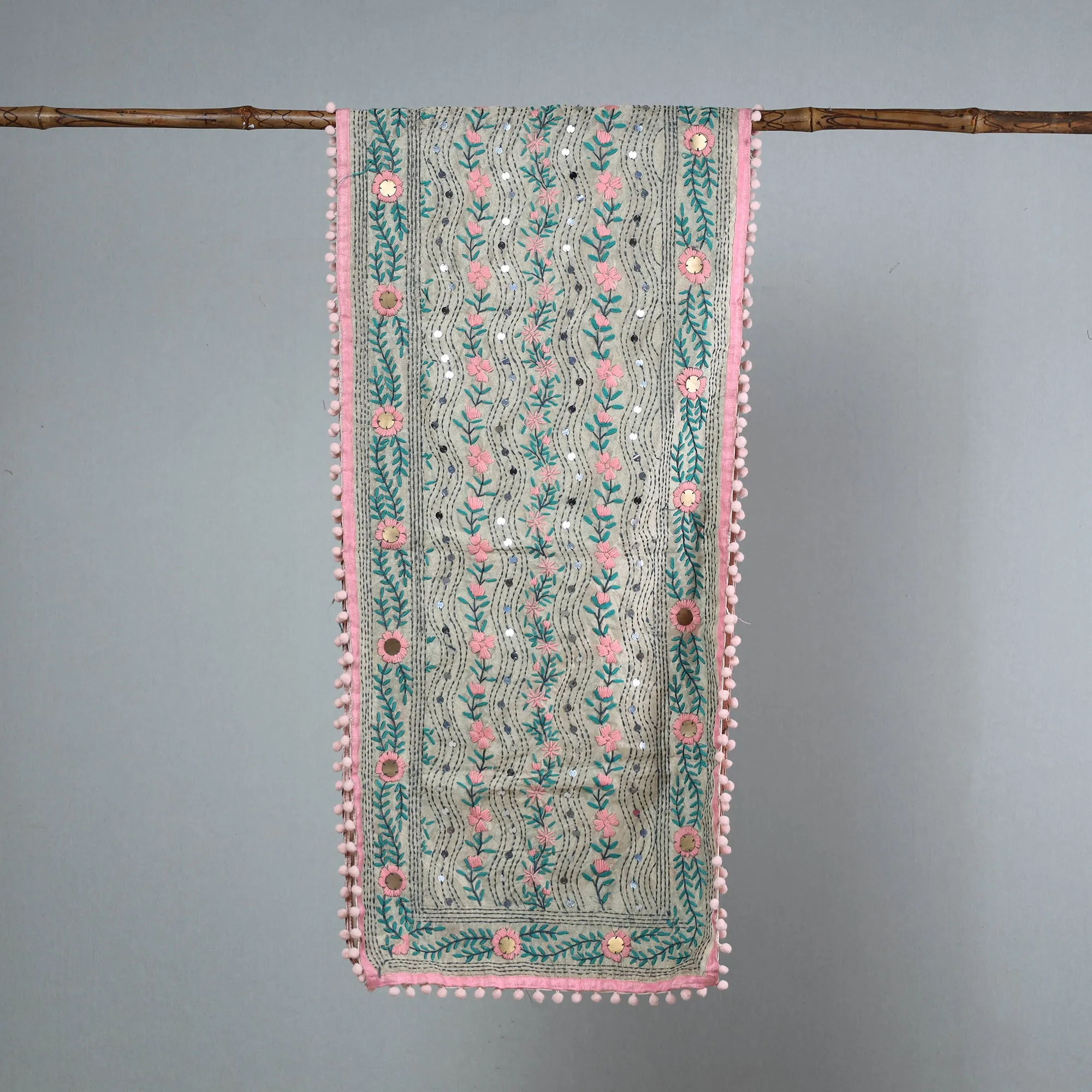 Pink - Ranihati Chanderi Silk Phulkari Embroidered Stole 23