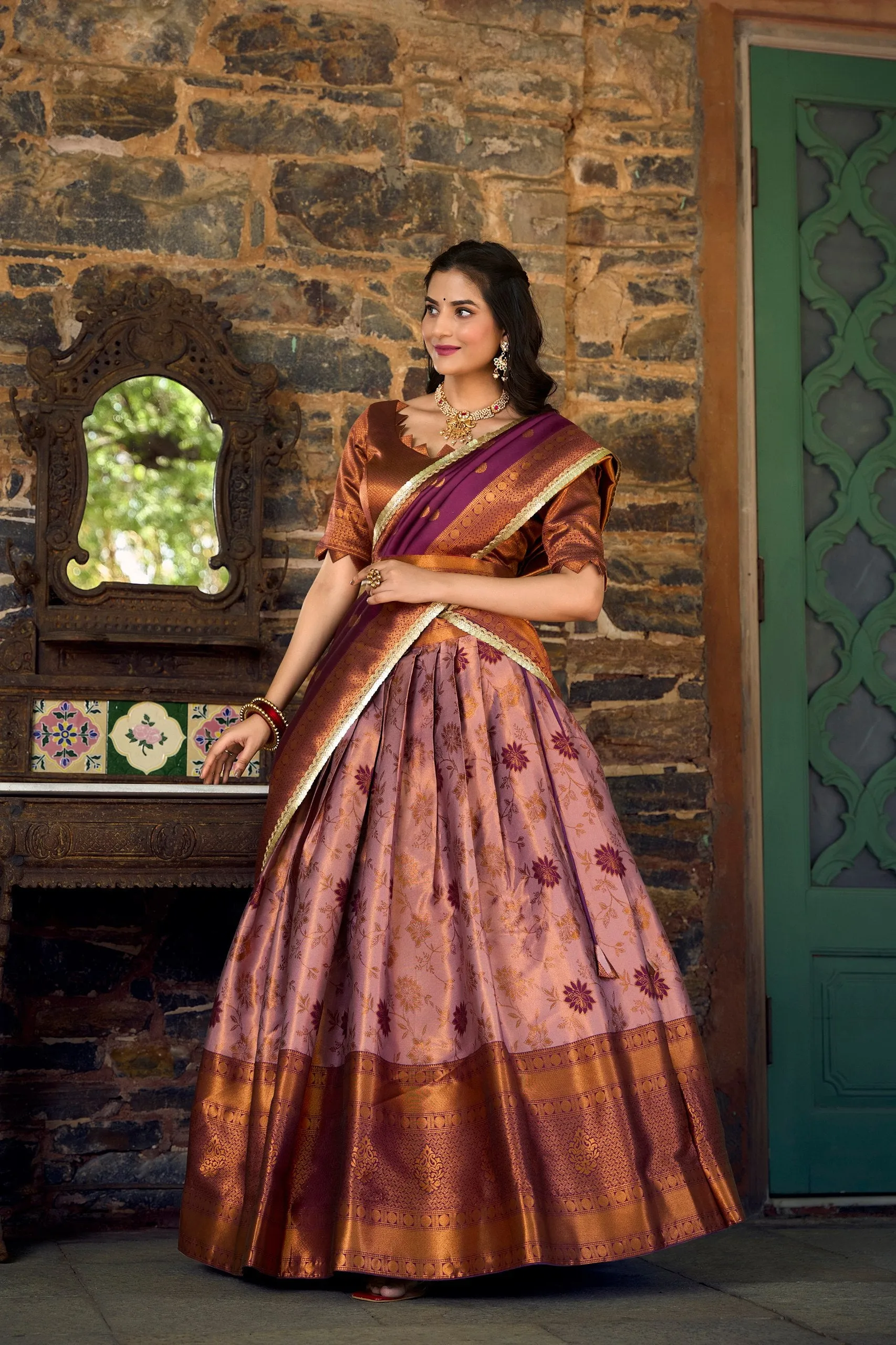 Purple Jacquard Silk Lehenga Choli Set with Zari Work