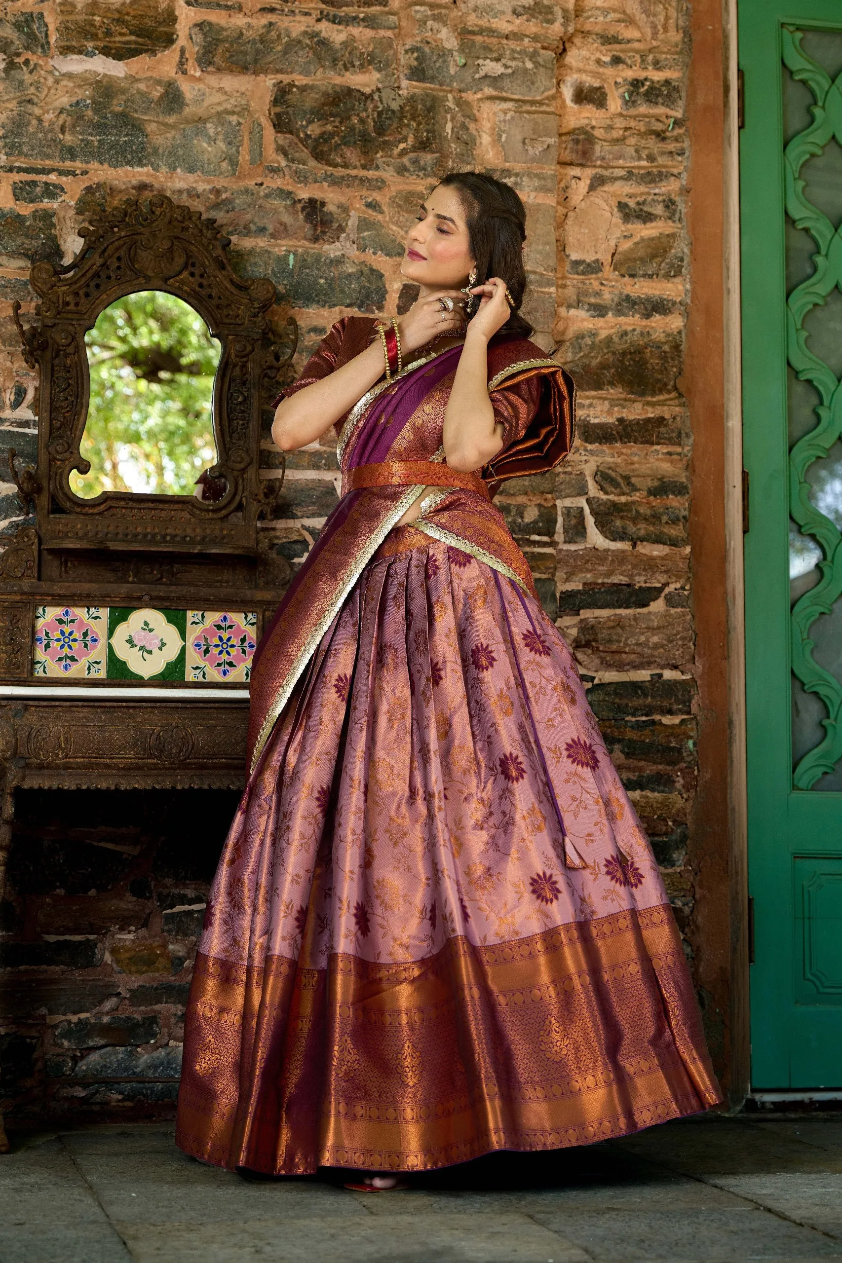 Purple Jacquard Silk Lehenga Choli Set with Zari Work