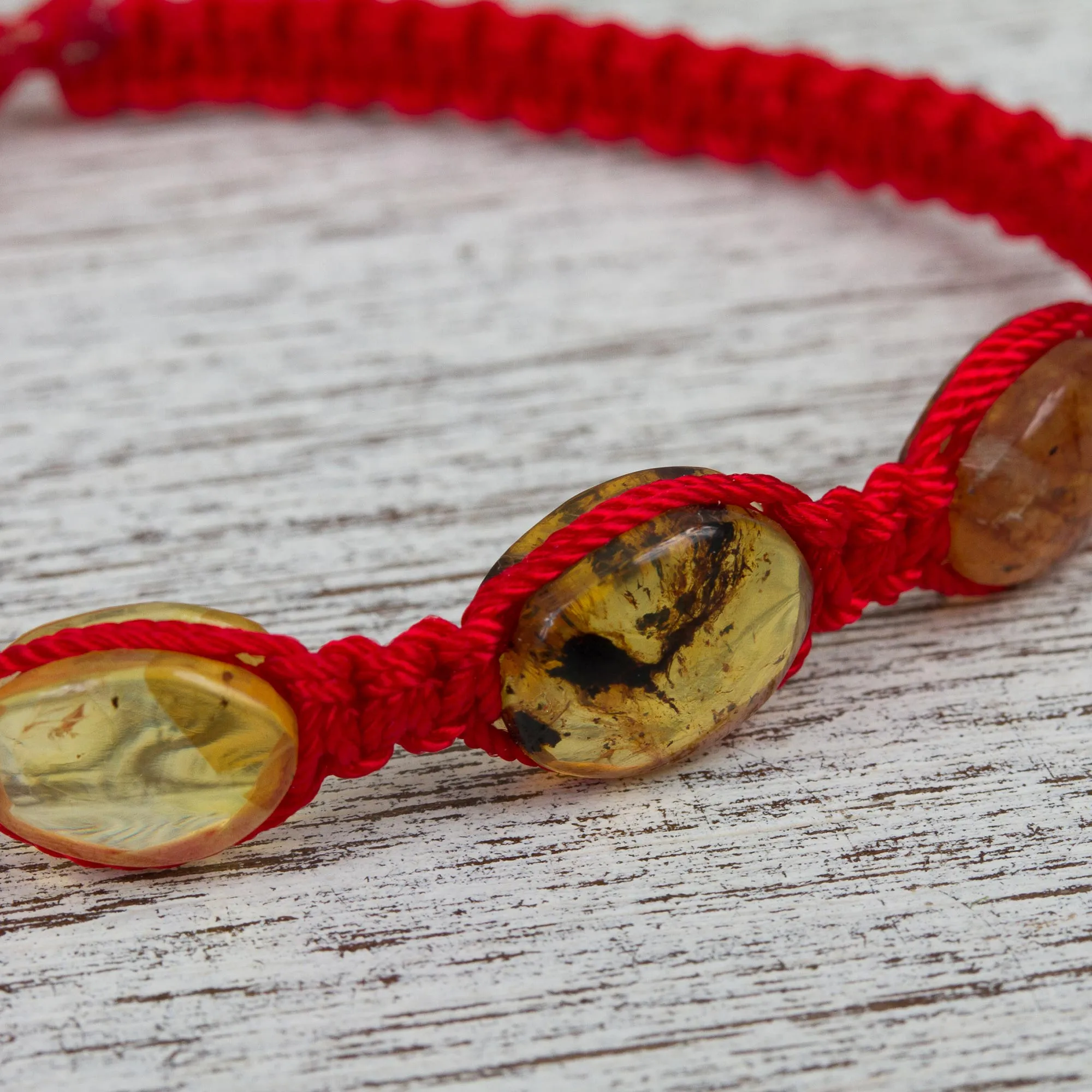 Red Nylon Braided Bracelet with Amber Beads from Mexico - Amber Passion | NOVICA