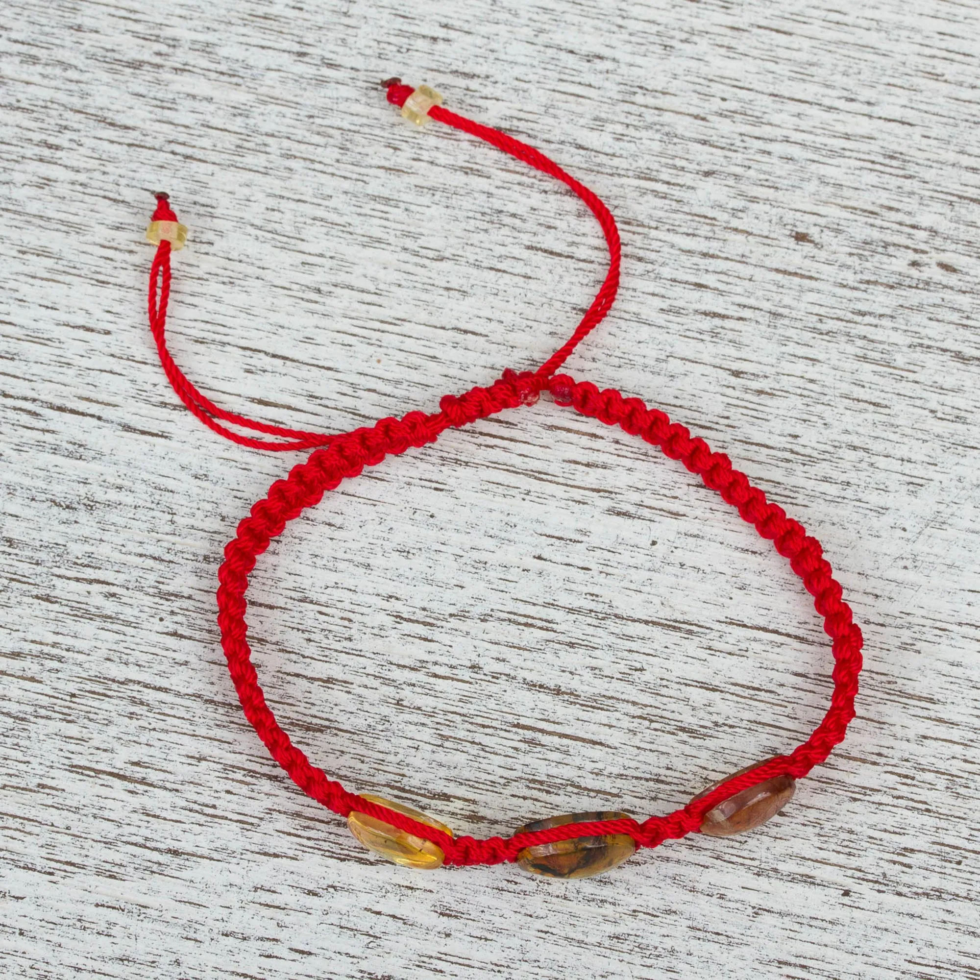 Red Nylon Braided Bracelet with Amber Beads from Mexico - Amber Passion | NOVICA