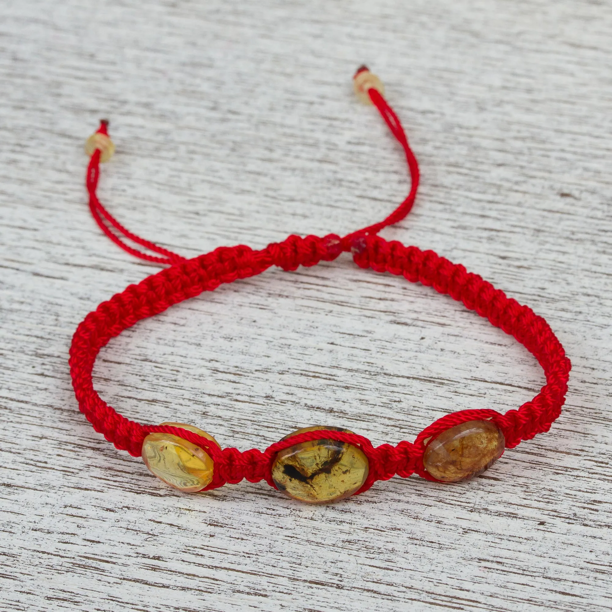 Red Nylon Braided Bracelet with Amber Beads from Mexico - Amber Passion | NOVICA