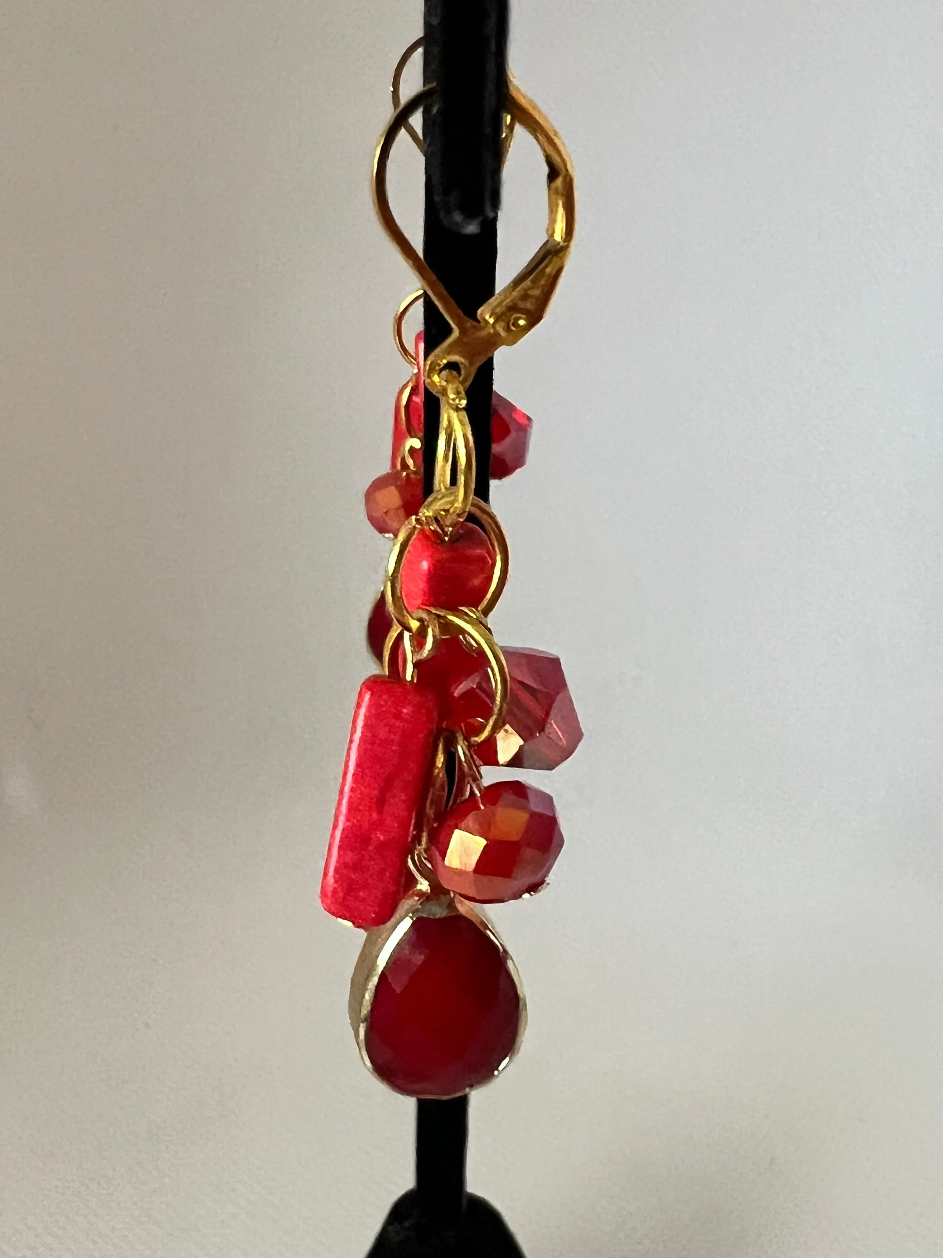 Red with Red_Peach Beads and Gold Bracelet and Earrings