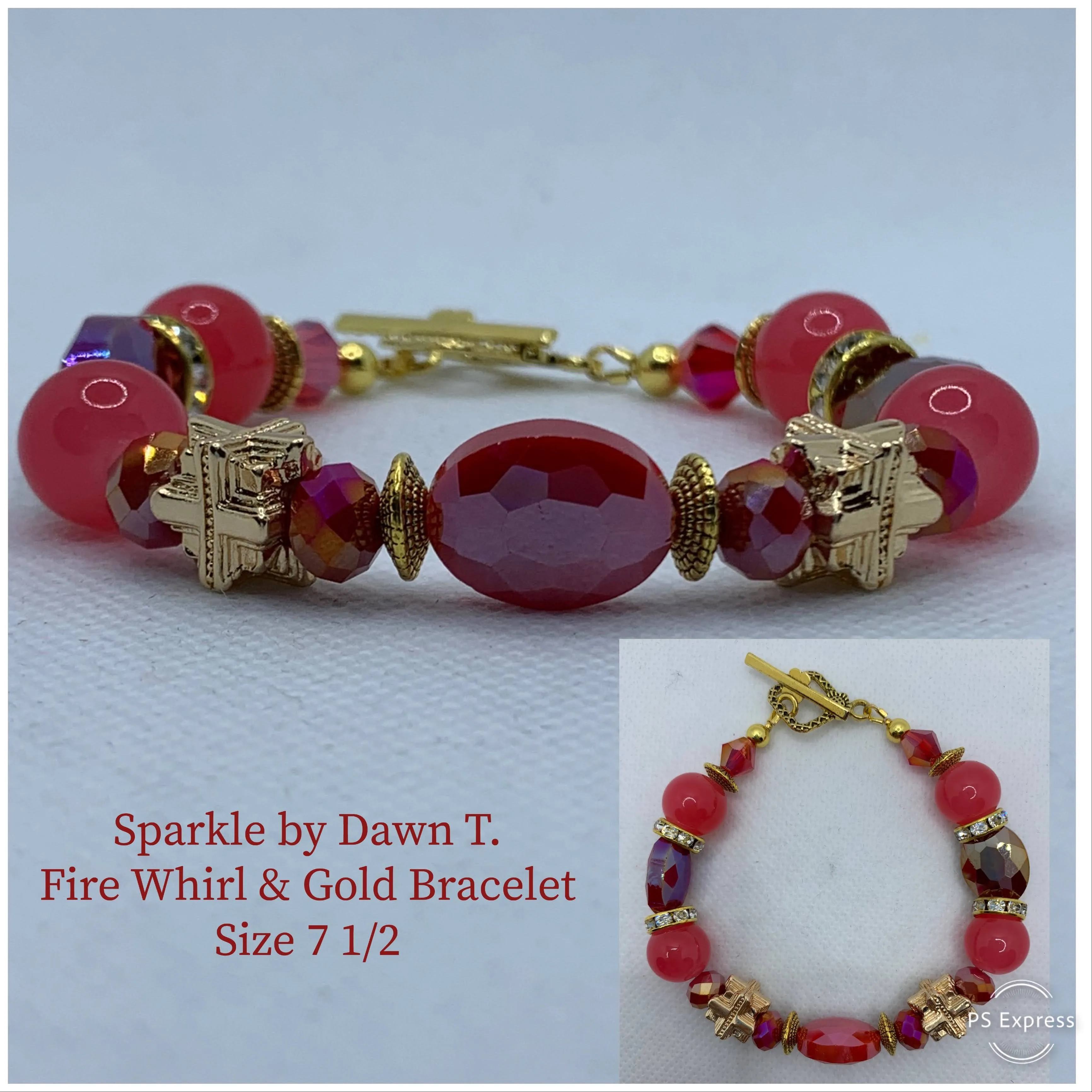 Red with Red_Peach Beads and Gold Bracelet and Earrings