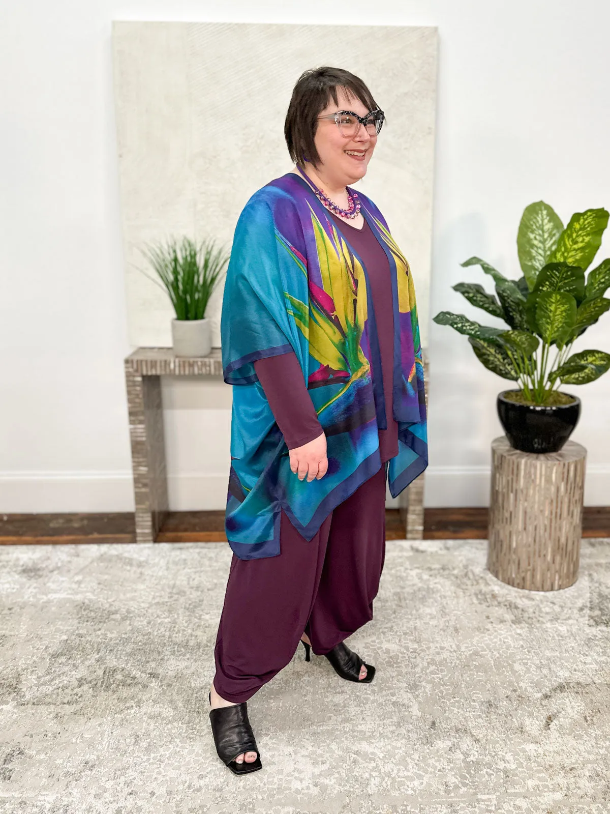 Silk Long Kimono, Teal Bird of Paradise