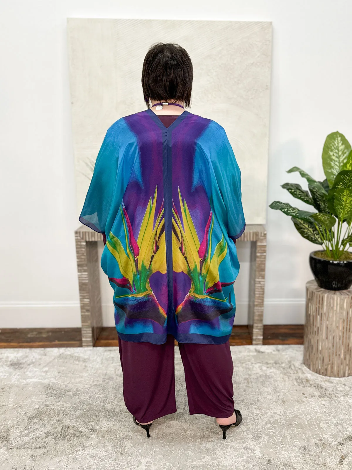 Silk Long Kimono, Teal Bird of Paradise