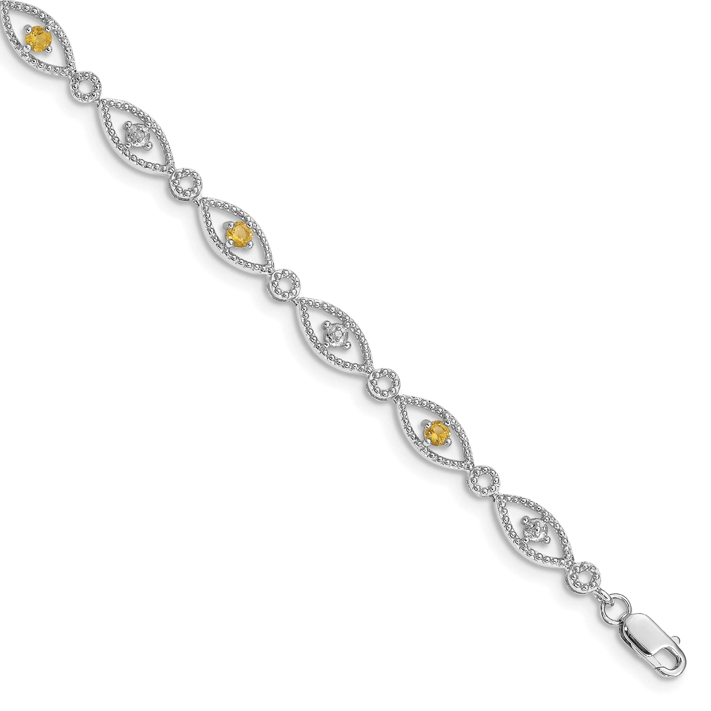 Silver Citrine Gemstone Round Diamond Bracelet