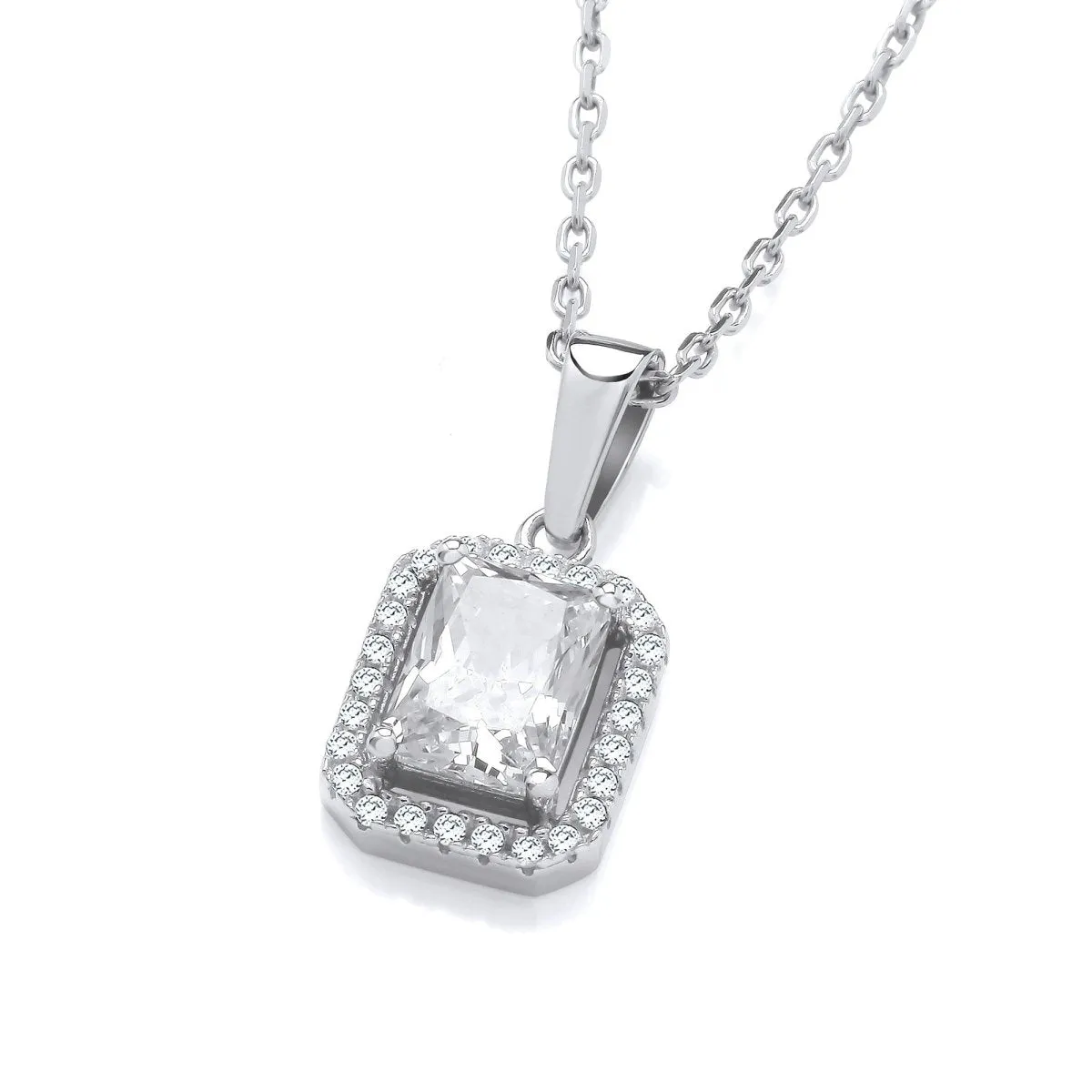 Sterling Silver Baguette Cut CZ Halo Necklace